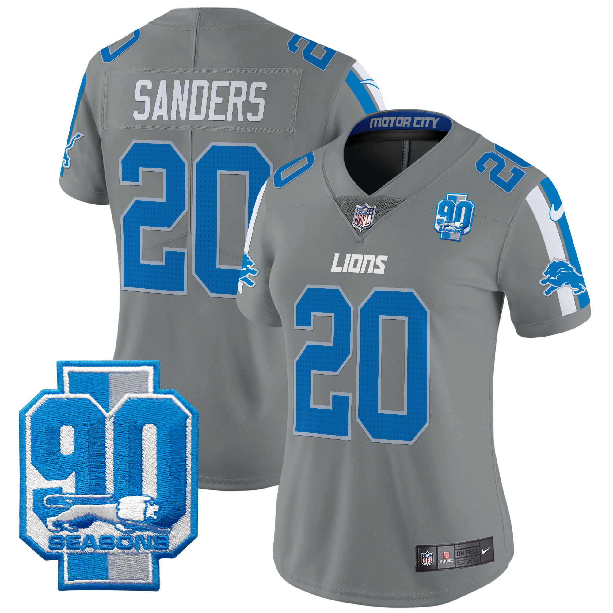 Barry Sanders Women's Detroit Lions 90th Year Patch Vapor Limited Gray Jersey - All Stitched