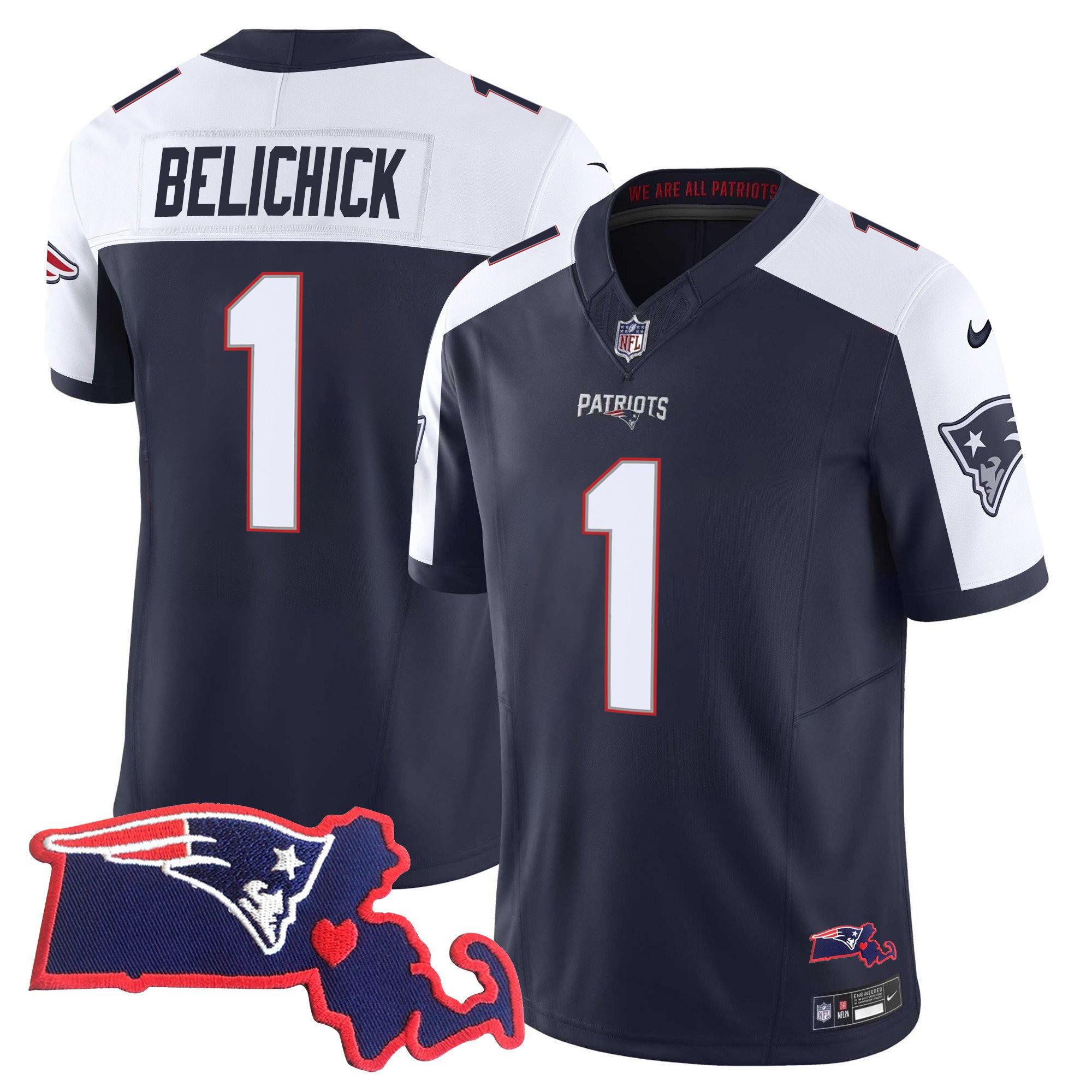 Bill Belichick Men's New England Patriots Massachusetts Patch Vapor Alternate Jersey - All Stitched