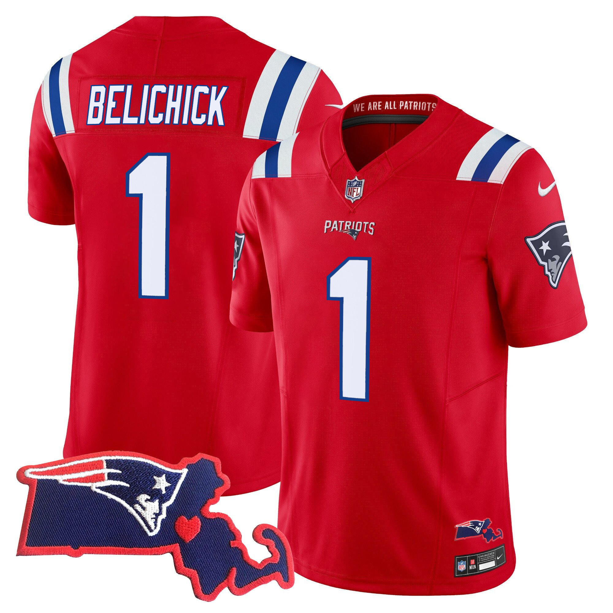 Bill Belichick Men's New England Patriots Massachusetts Patch Vapor Red Jersey - All Stitched