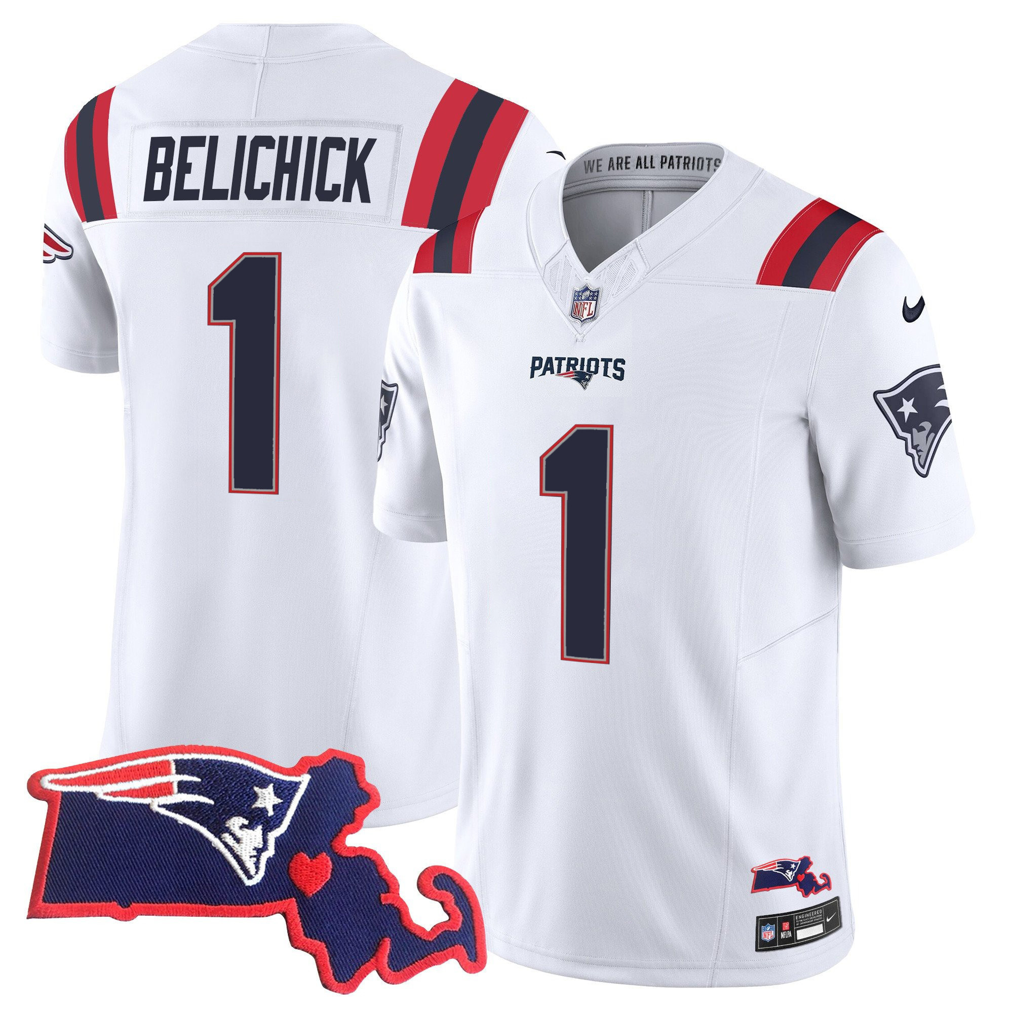 Bill Belichick Men's New England Patriots Massachusetts Patch Vapor White Jersey - All Stitched