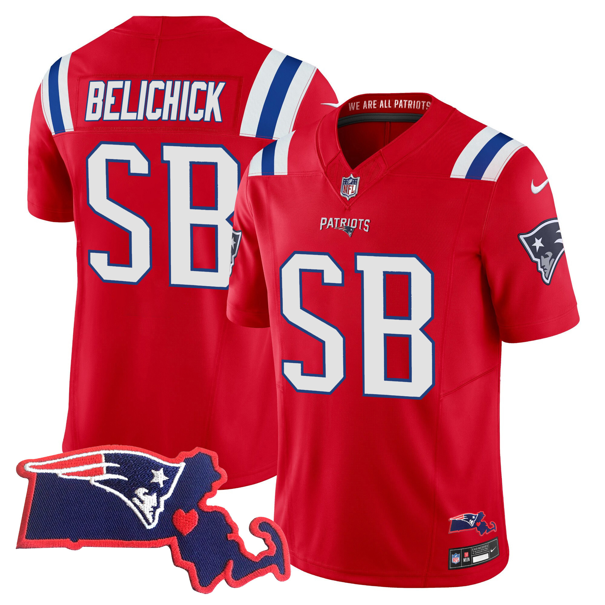 Bill Belichick Women's New England Patriots Bill Belichick "SB 36, 38, 39, 49, 51 Champions" Vapor Red Jersey - All Stitched