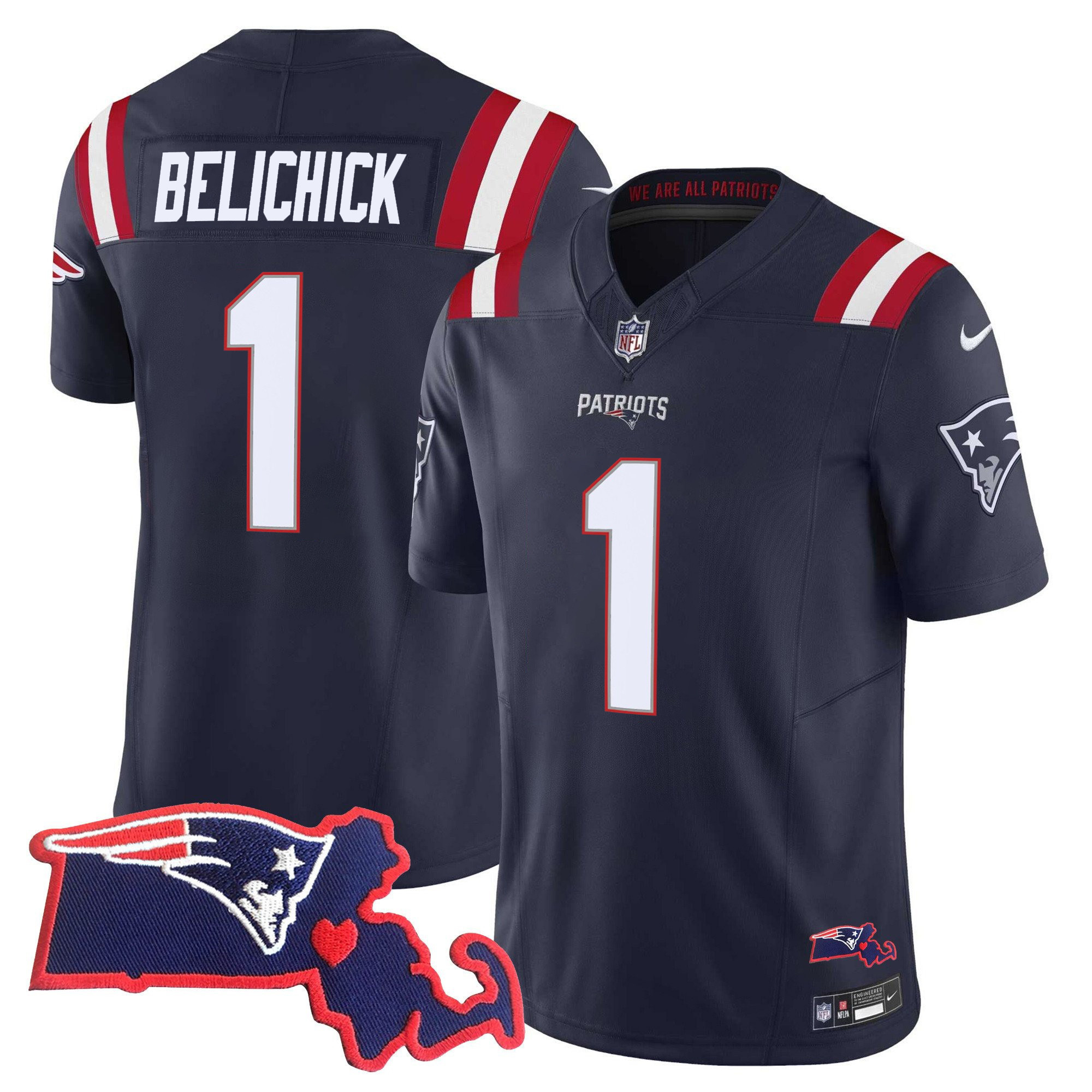 Bill Belichick Women's New England Patriots Massachusetts Patch Vapor Navy Jersey - All Stitched