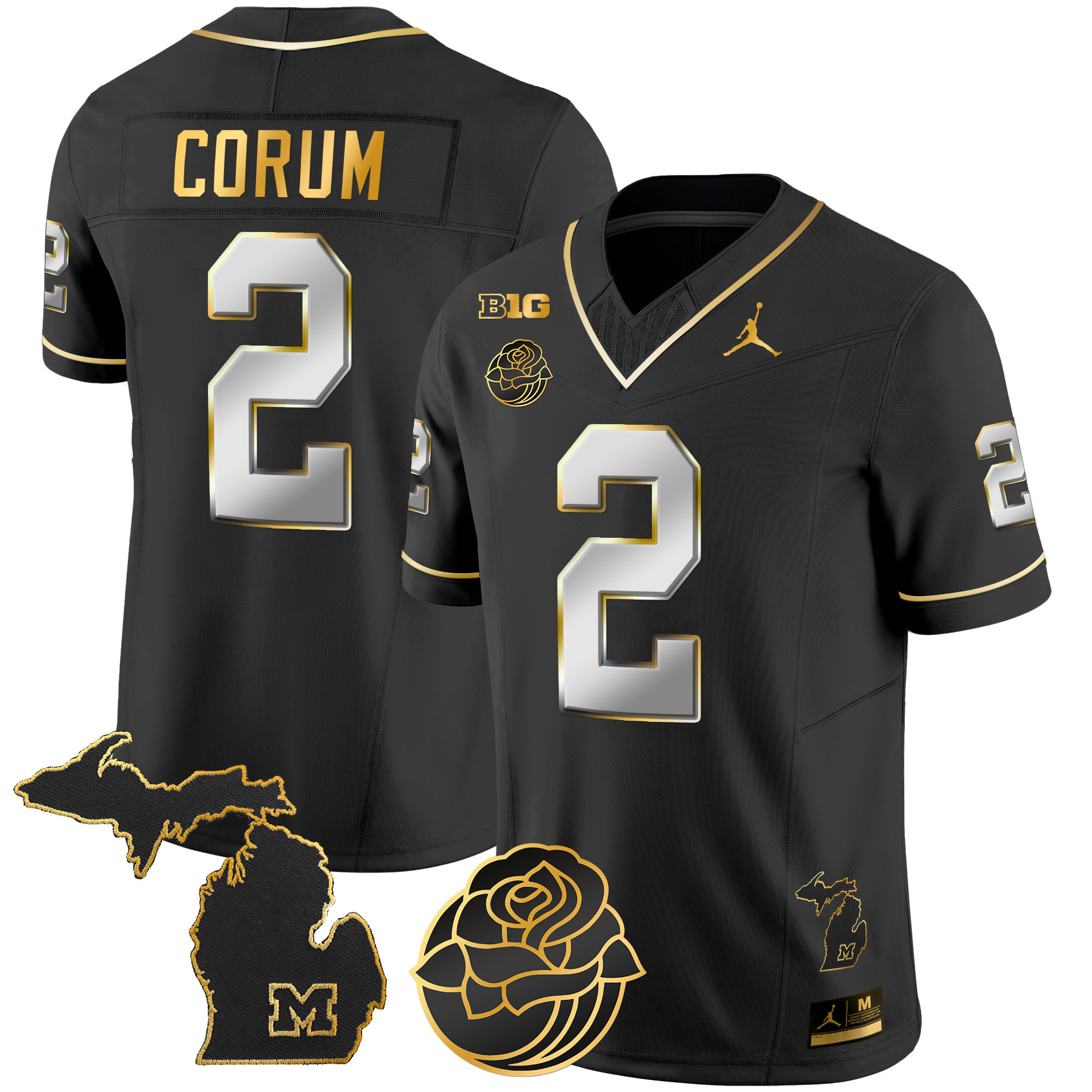 Blake Corum Men's Michigan Wolverines Rose Bowl Patch Gold Vapor Black Limited Jersey - All Stitched