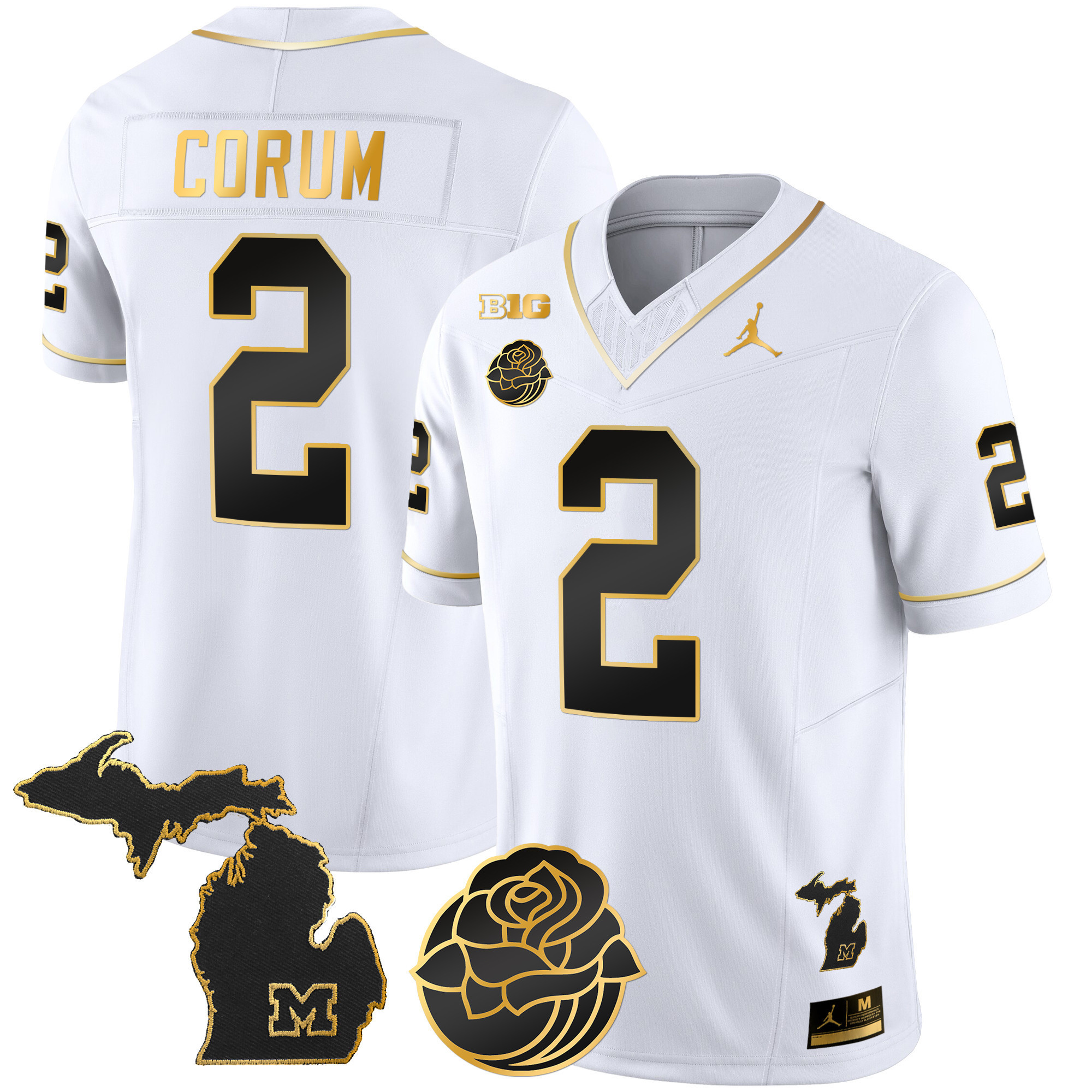 Blake Corum Men's Michigan Wolverines Rose Bowl Patch Gold Vapor White Gold Jersey - All Stitched