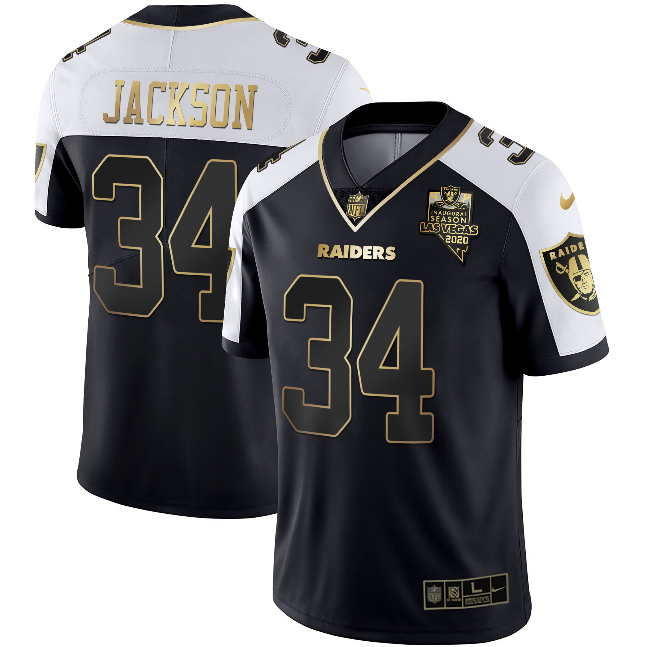 Bo Jackson Men's Las Vegas Raiders Alternate Vapor Black Gold & Black Inverted Limited Inaugural Season Patch - All Stitched Black Gold Jersey - All Stitched