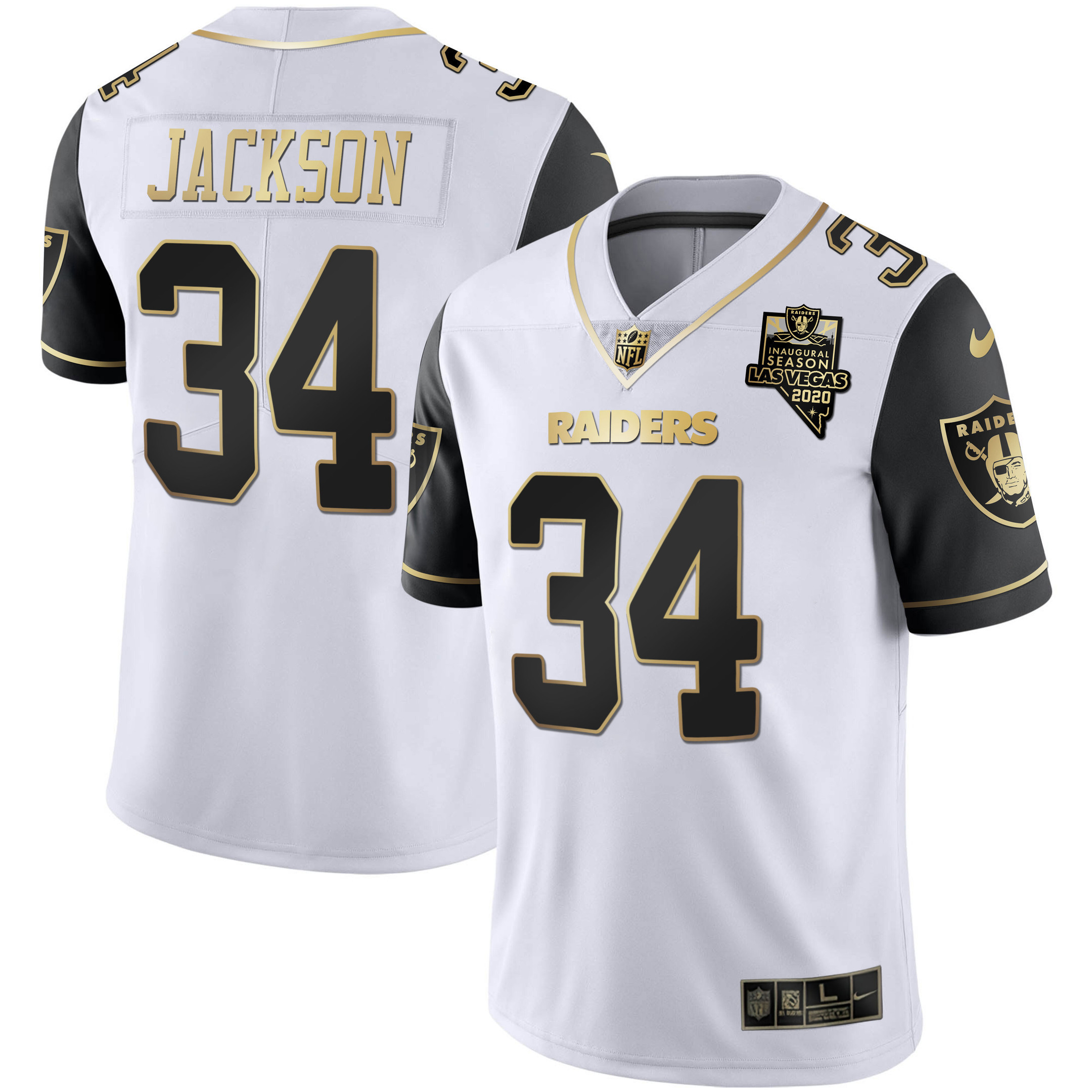 Bo Jackson Men's Las Vegas Raiders Alternate Vapor Black Gold & Black Inverted Limited Inaugural Season Patch - All Stitched Black Sleeves Jersey - All Stitched