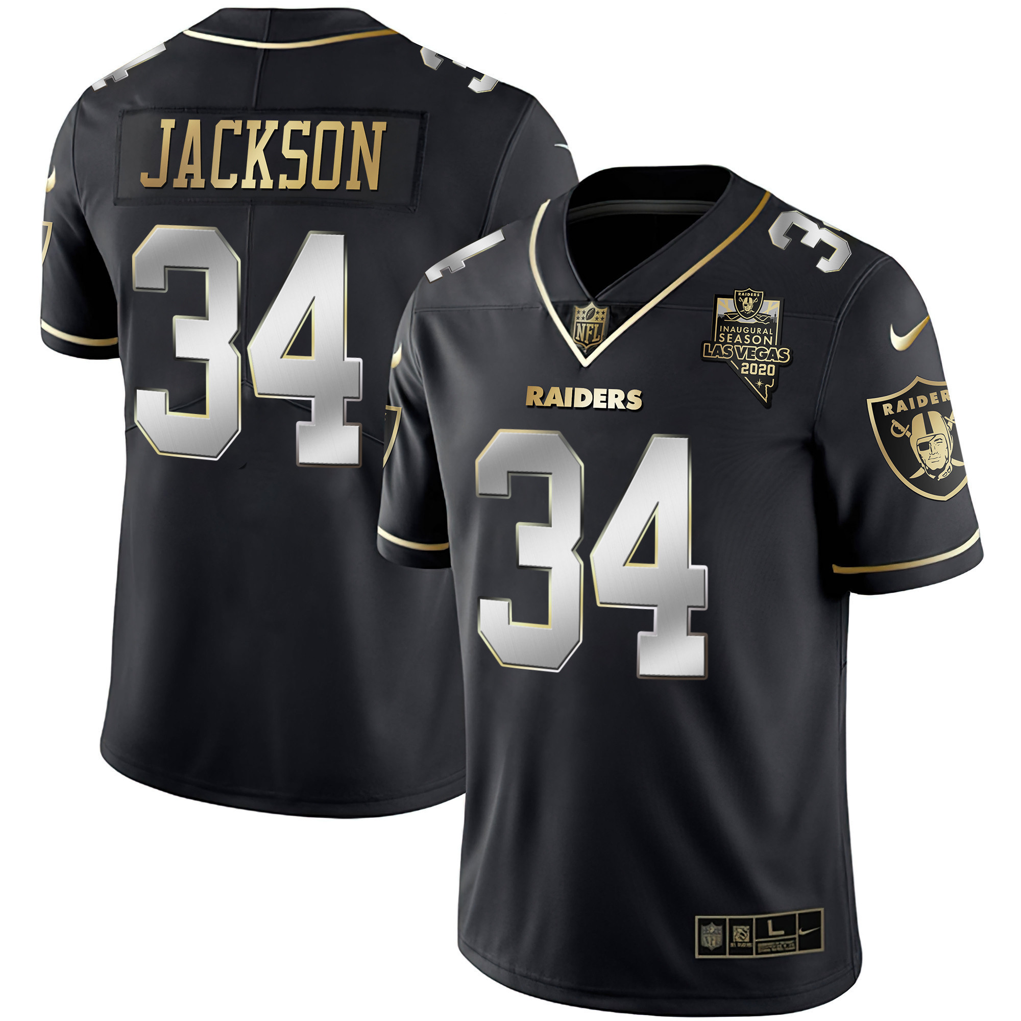 Bo Jackson Men's Las Vegas Raiders Inaugural Season Patch Gold & Split - All Stitched Black Limited Jersey - All Stitched