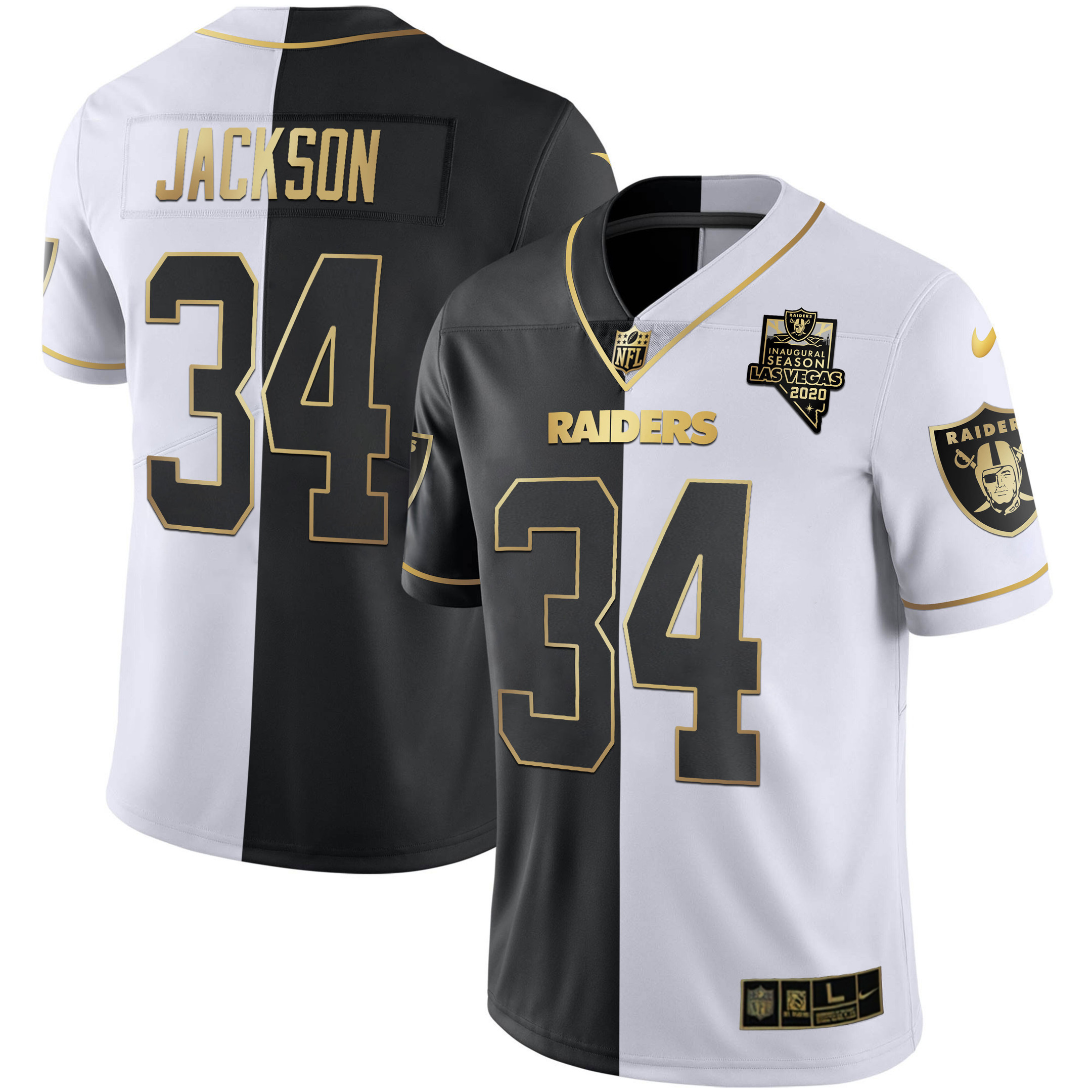 Bo Jackson Men's Las Vegas Raiders Inaugural Season Patch Gold & Split - All Stitched Split Gold Jersey - All Stitched