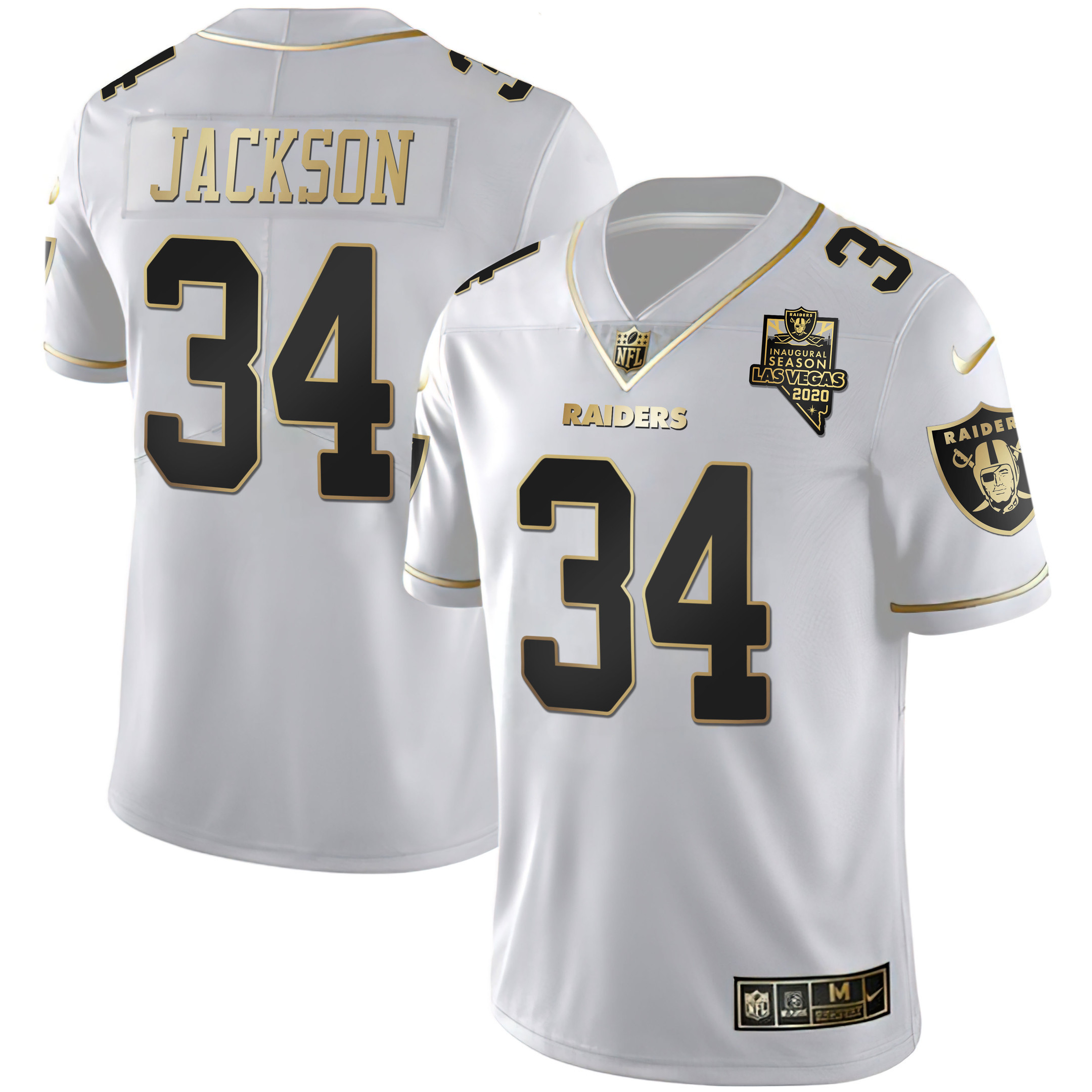 Bo Jackson Men's Las Vegas Raiders Inaugural Season Patch Gold & Split - All Stitched White Gold Jersey - All Stitched