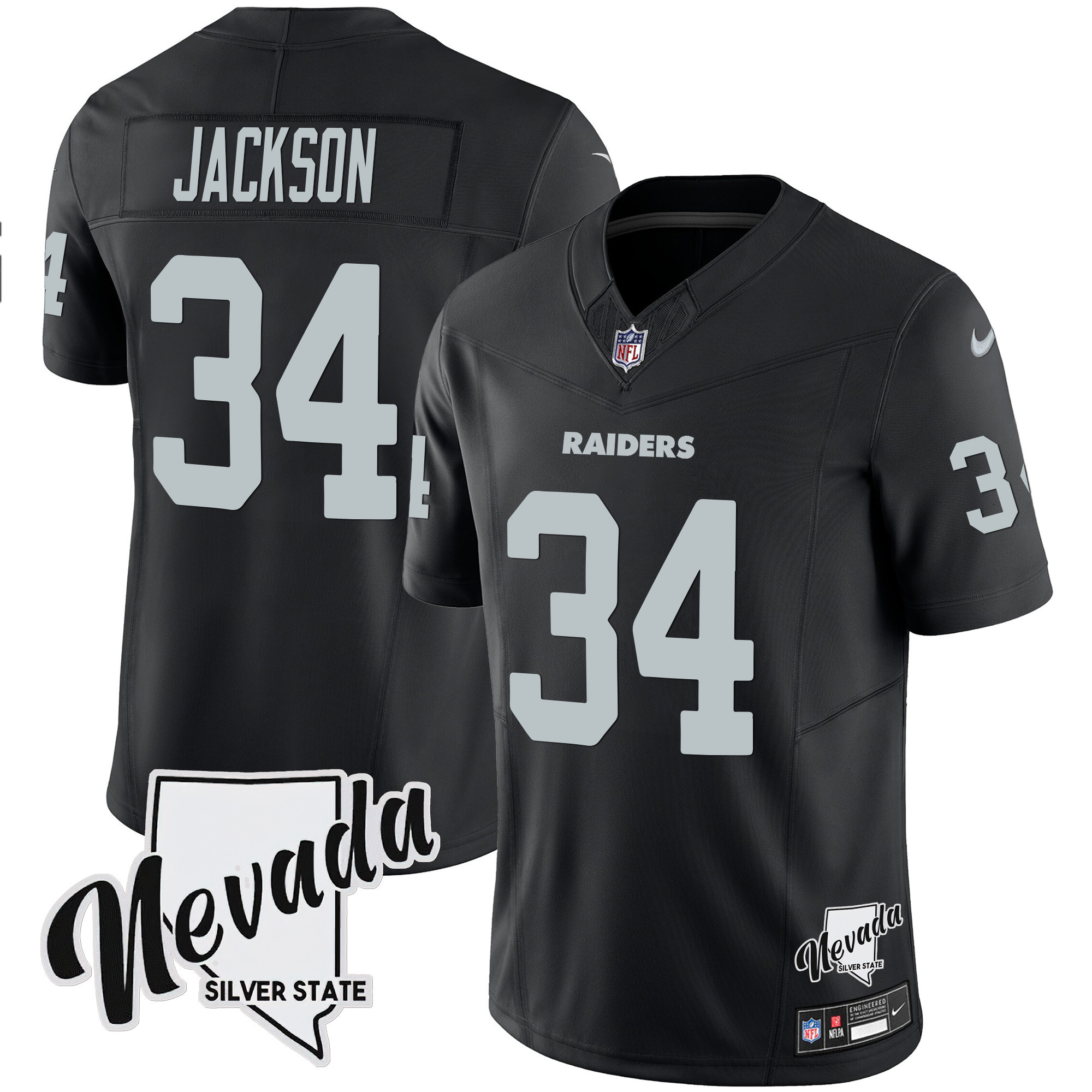 Bo Jackson Men's Las Vegas Raiders Nevada Silver State Patch Vapor Black Jersey - All Stitched