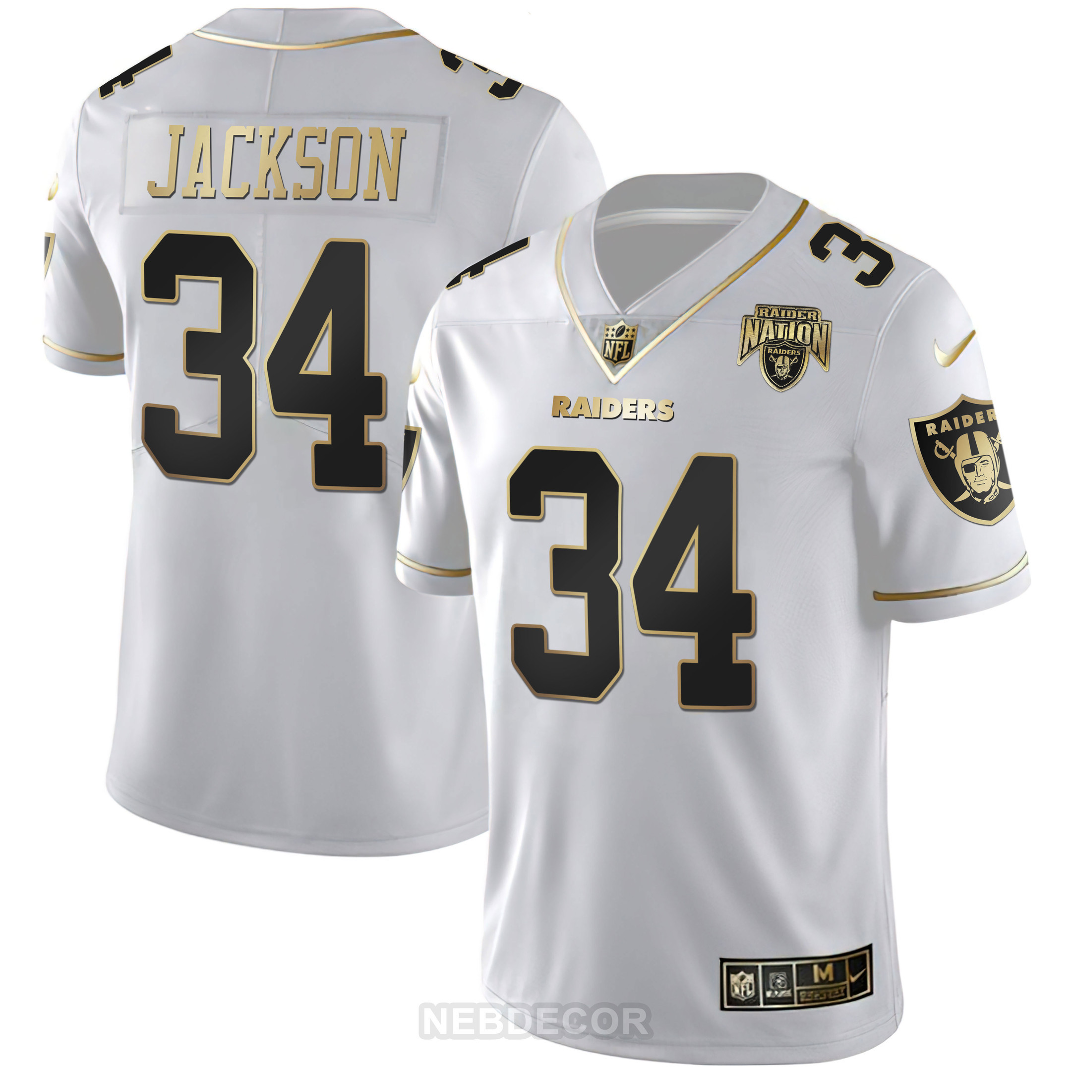 Bo Jackson Men's Las Vegas Raiders Raider Nation Patch White Gold and Black Gold White Gold Jersey - All Stitched