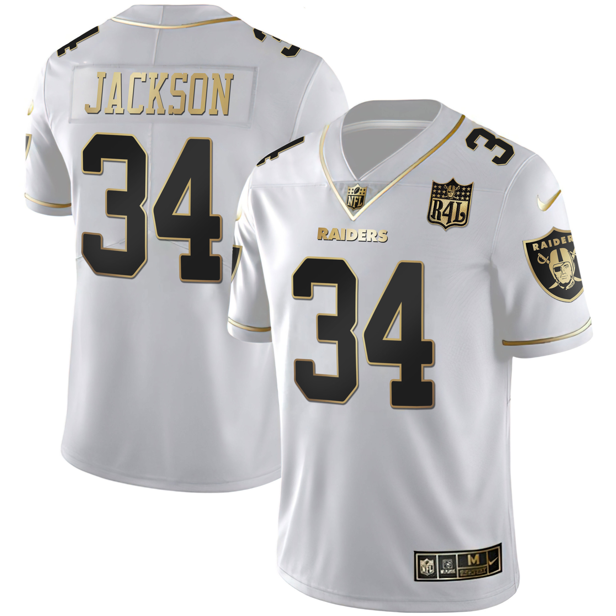 Bo Jackson Men's Las Vegas Raiders Raider4Life Patch White Gold and Black Gold - All Stitched White Gold Jersey - All Stitched