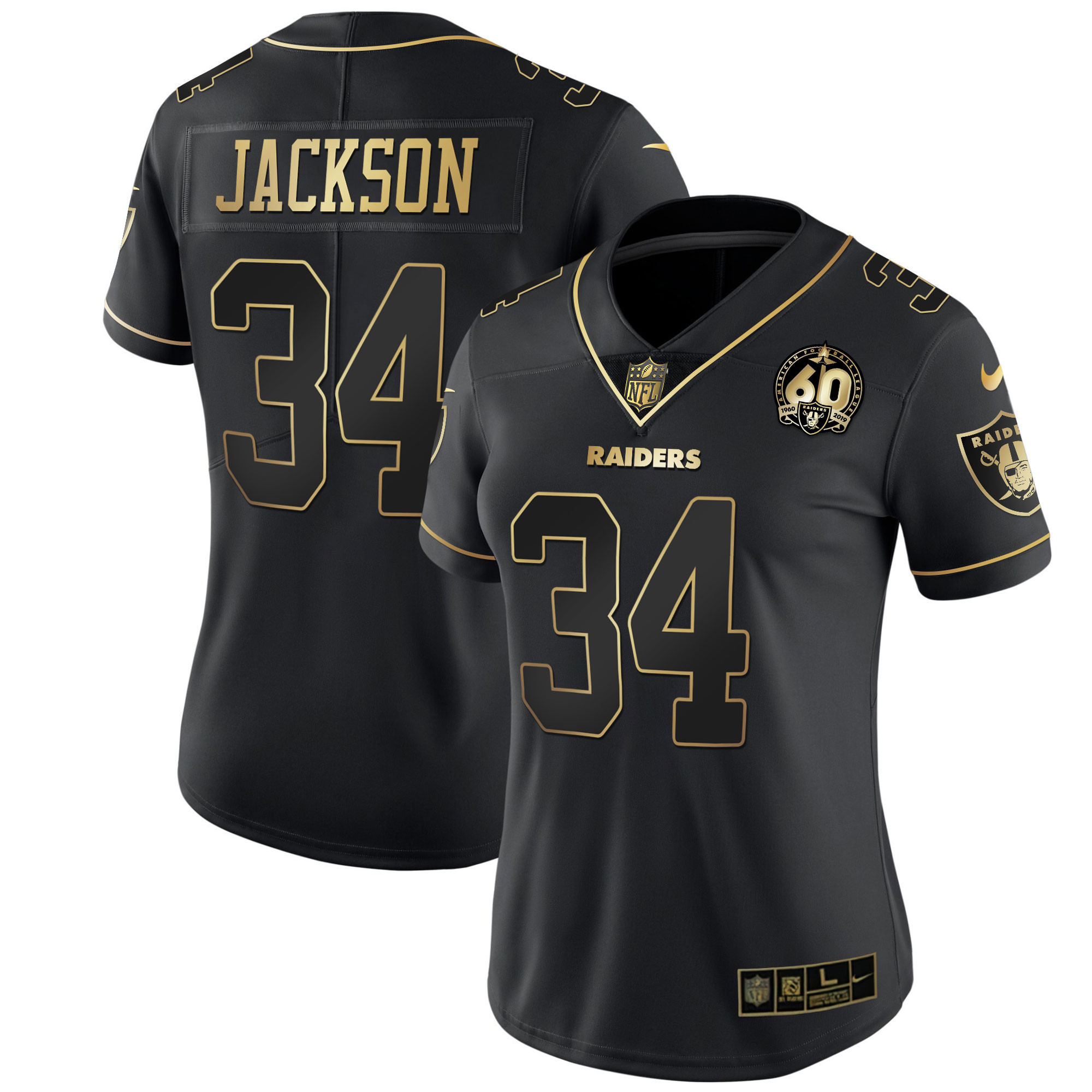 Bo Jackson Women's Las Vegas Raiders 60th Season Patch Gold & Split - All Stitched Black Gold Jersey - All Stitched