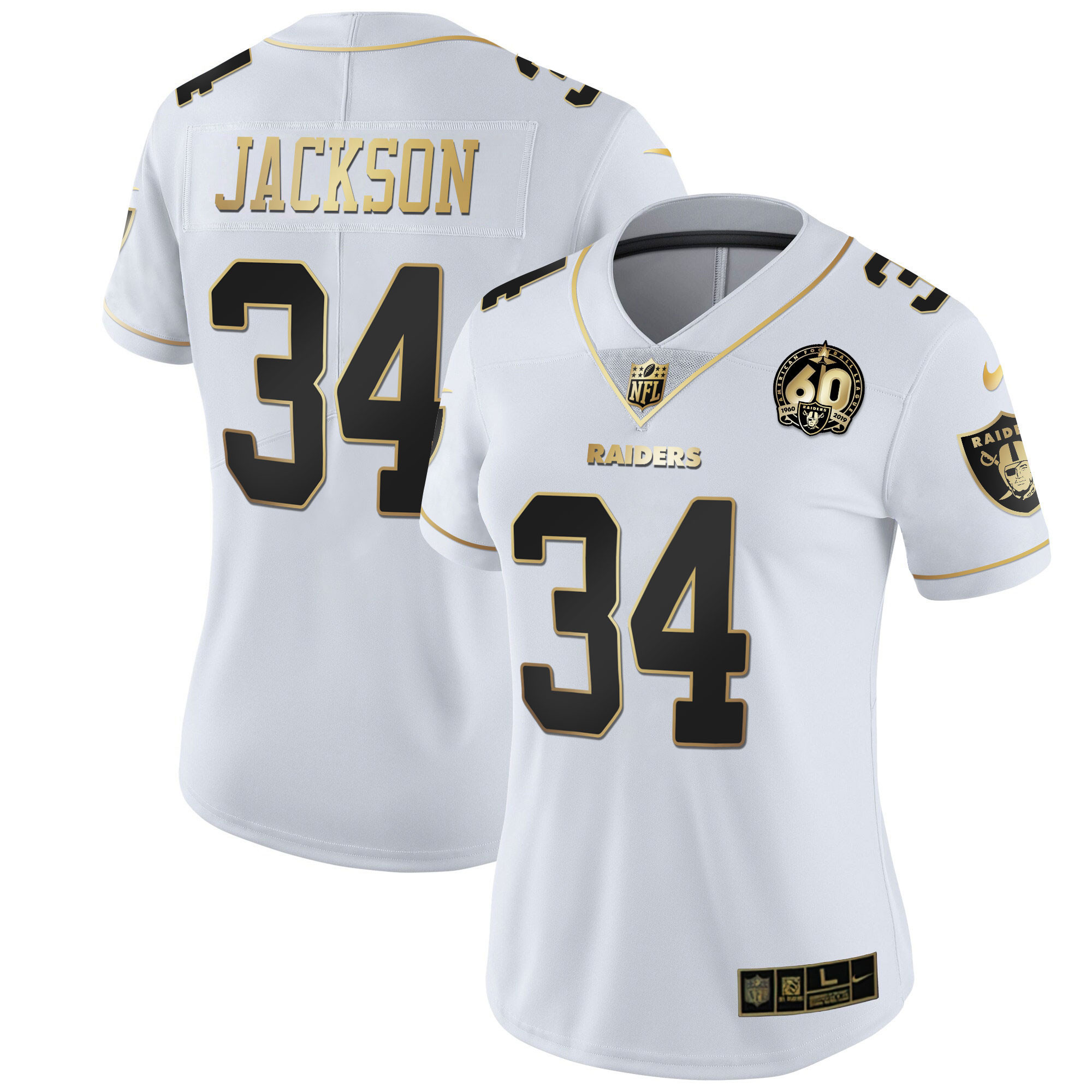 Bo Jackson Women's Las Vegas Raiders 60th Season Patch Gold & Split - All Stitched White Gold Jersey - All Stitched