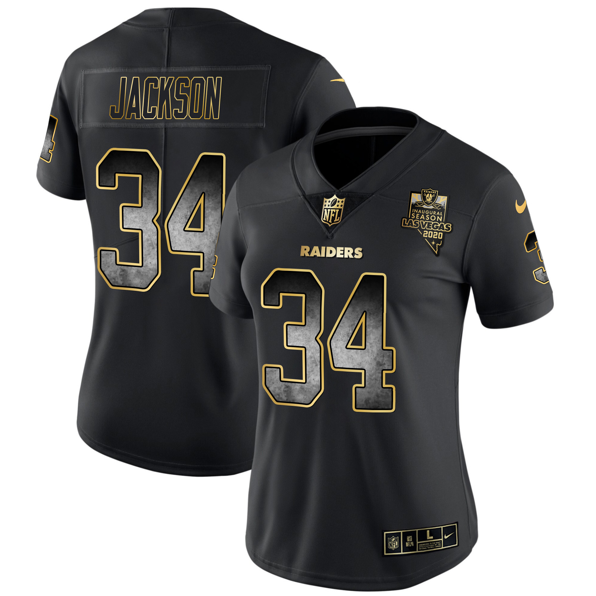 Bo Jackson Women's Las Vegas Raiders Gold Arch Smoke Vapor Black Gold Jersey - All Stitched