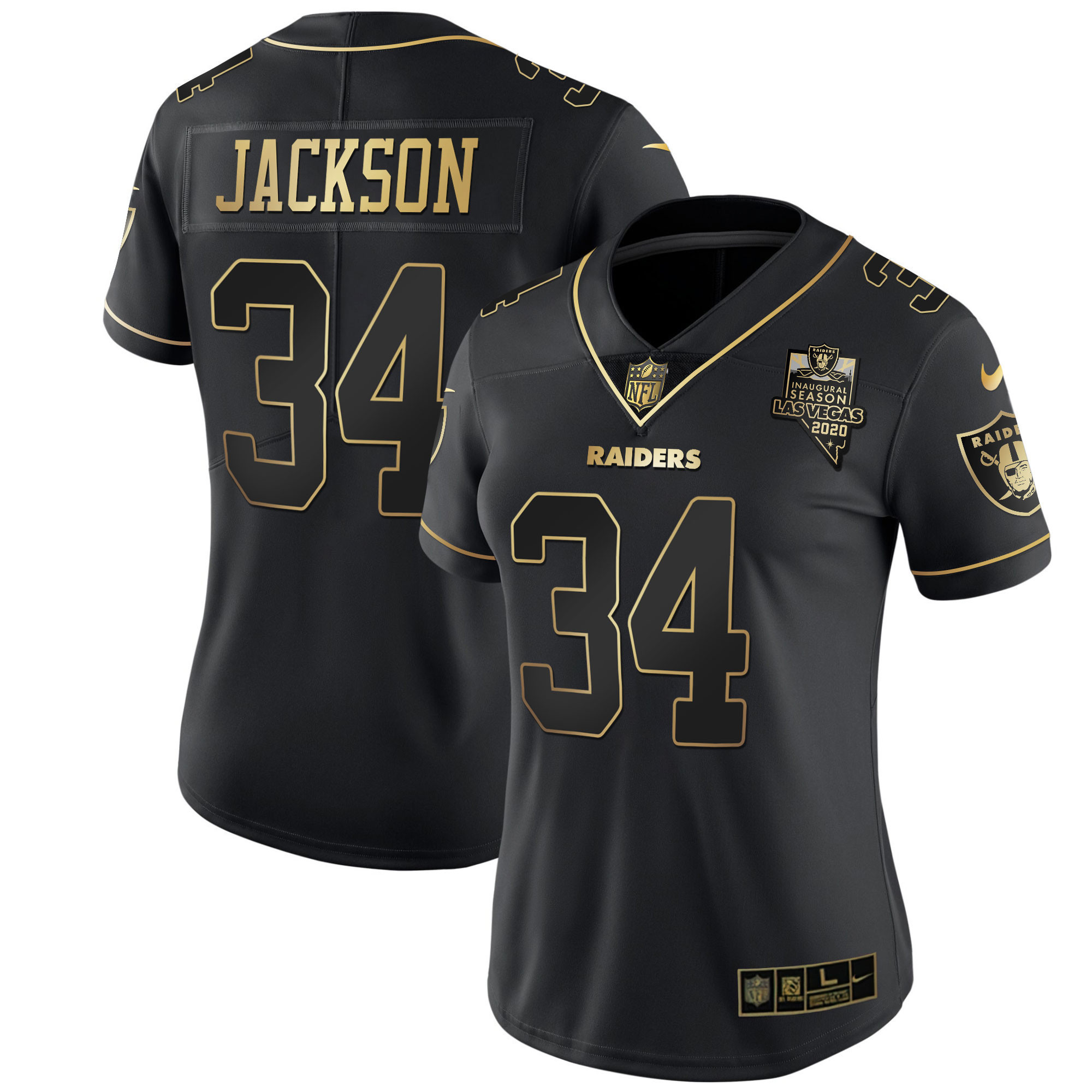 Bo Jackson Women's Las Vegas Raiders Inaugural Season Patch Gold & Split - All Stitched Black Gold Jersey - All Stitched