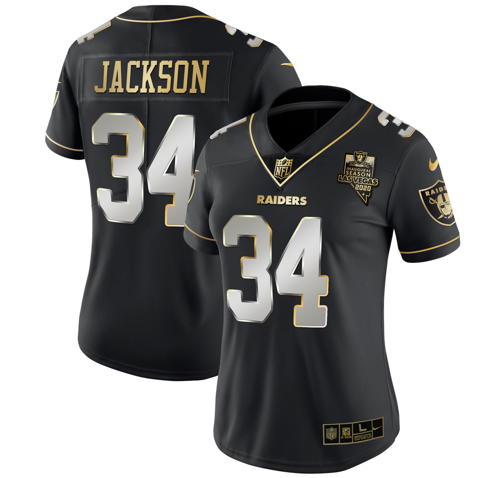 Bo Jackson Women's Las Vegas Raiders Inaugural Season Patch Gold & Split - All Stitched Black Limited Jersey - All Stitched