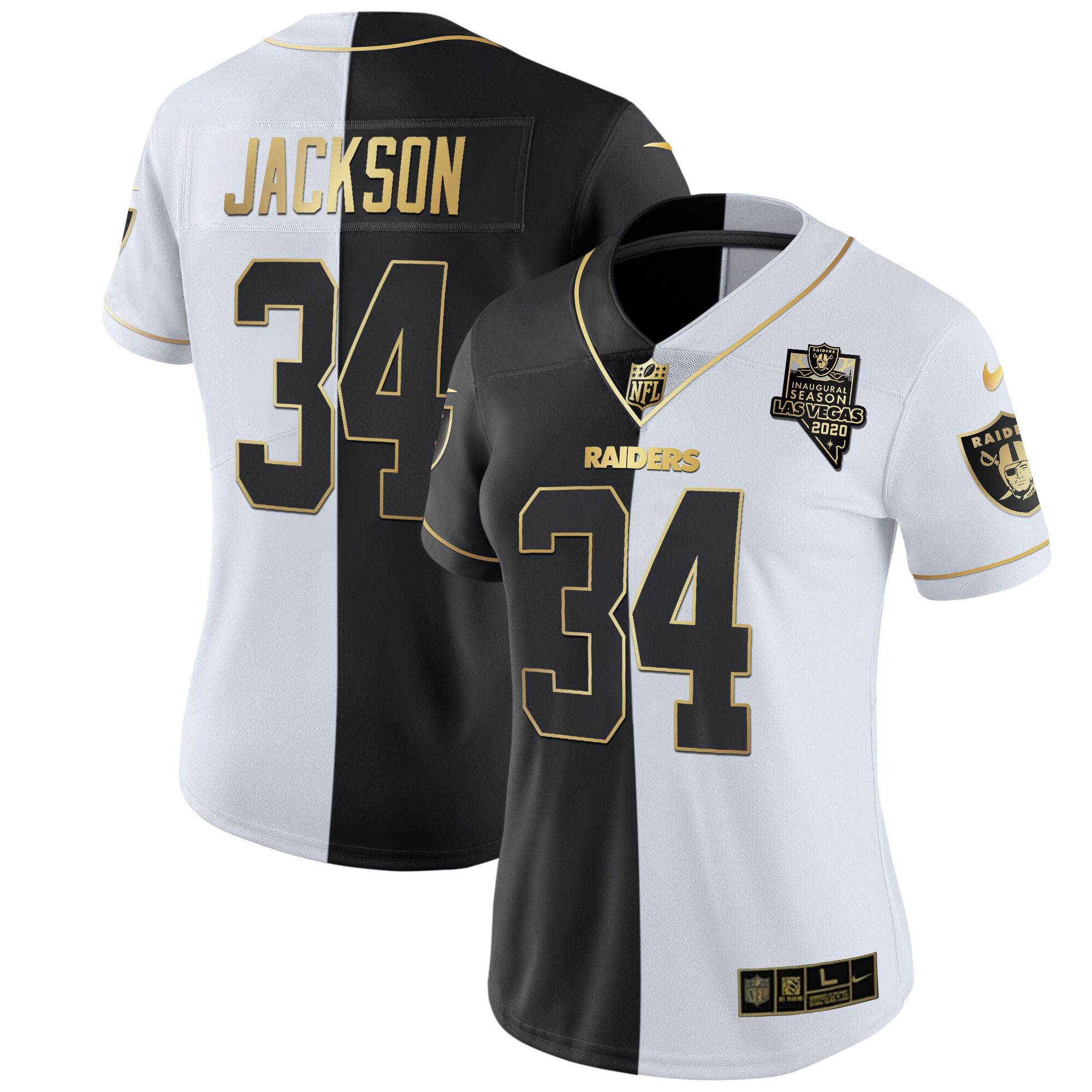 Bo Jackson Women's Las Vegas Raiders Inaugural Season Patch Gold & Split - All Stitched Split Gold Jersey - All Stitched