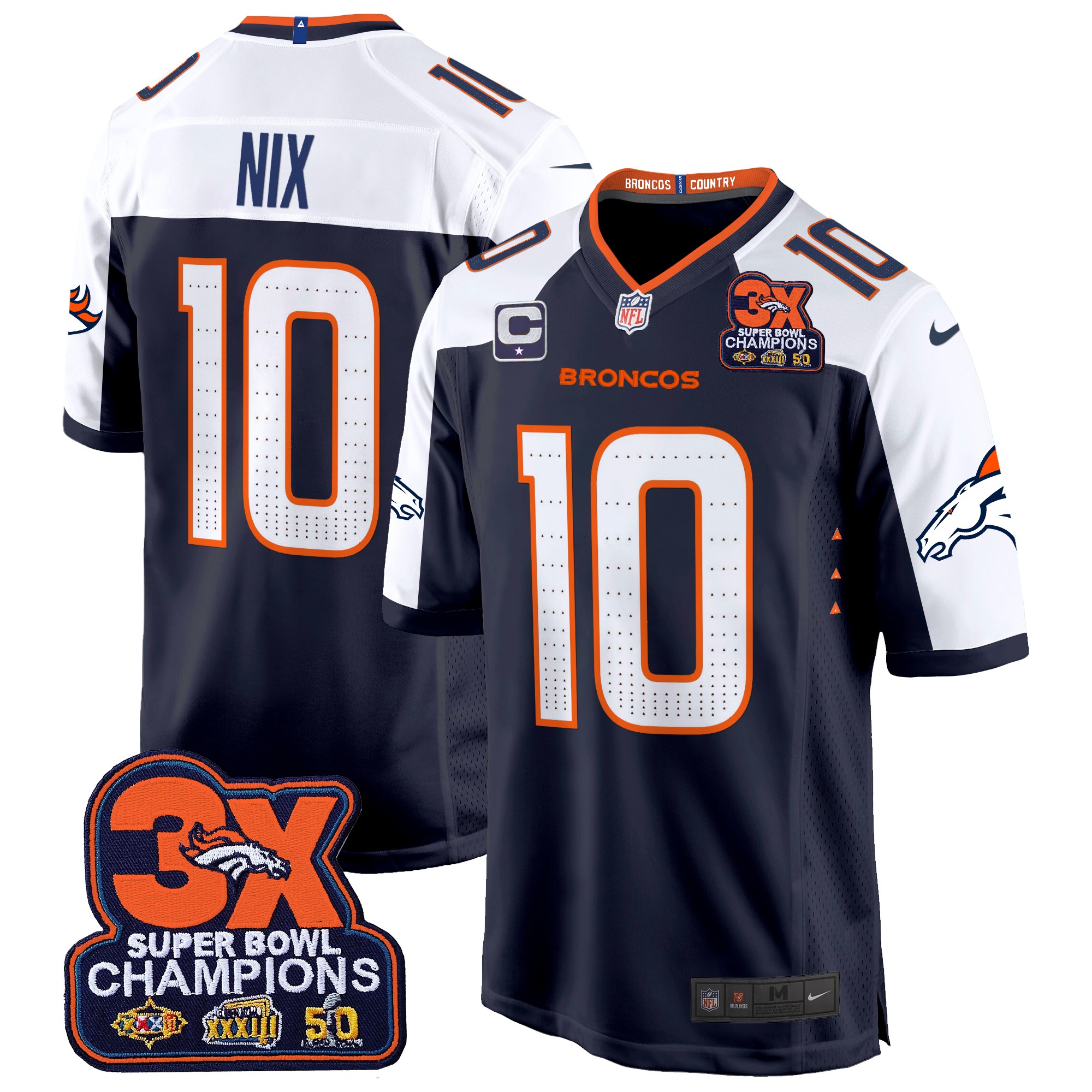 Bo Nix Men's Denver Broncos 3-Time Champions Patch Game Jersey - Al Stitched Navy Alternate Jersey - All Stitched