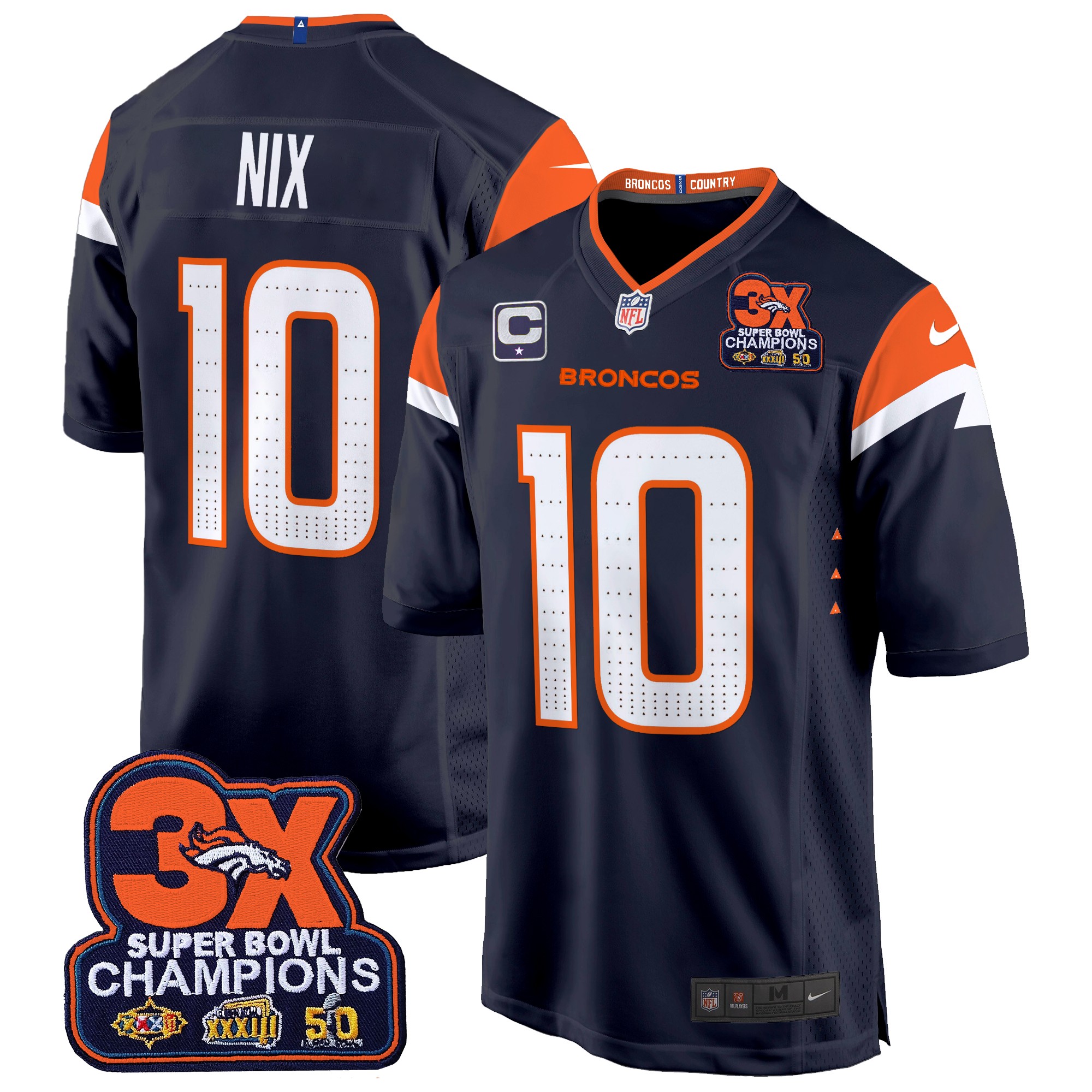 Bo Nix Men's Denver Broncos 3-Time Champions Patch Game Jersey - Al Stitched Navy Jersey - All Stitched