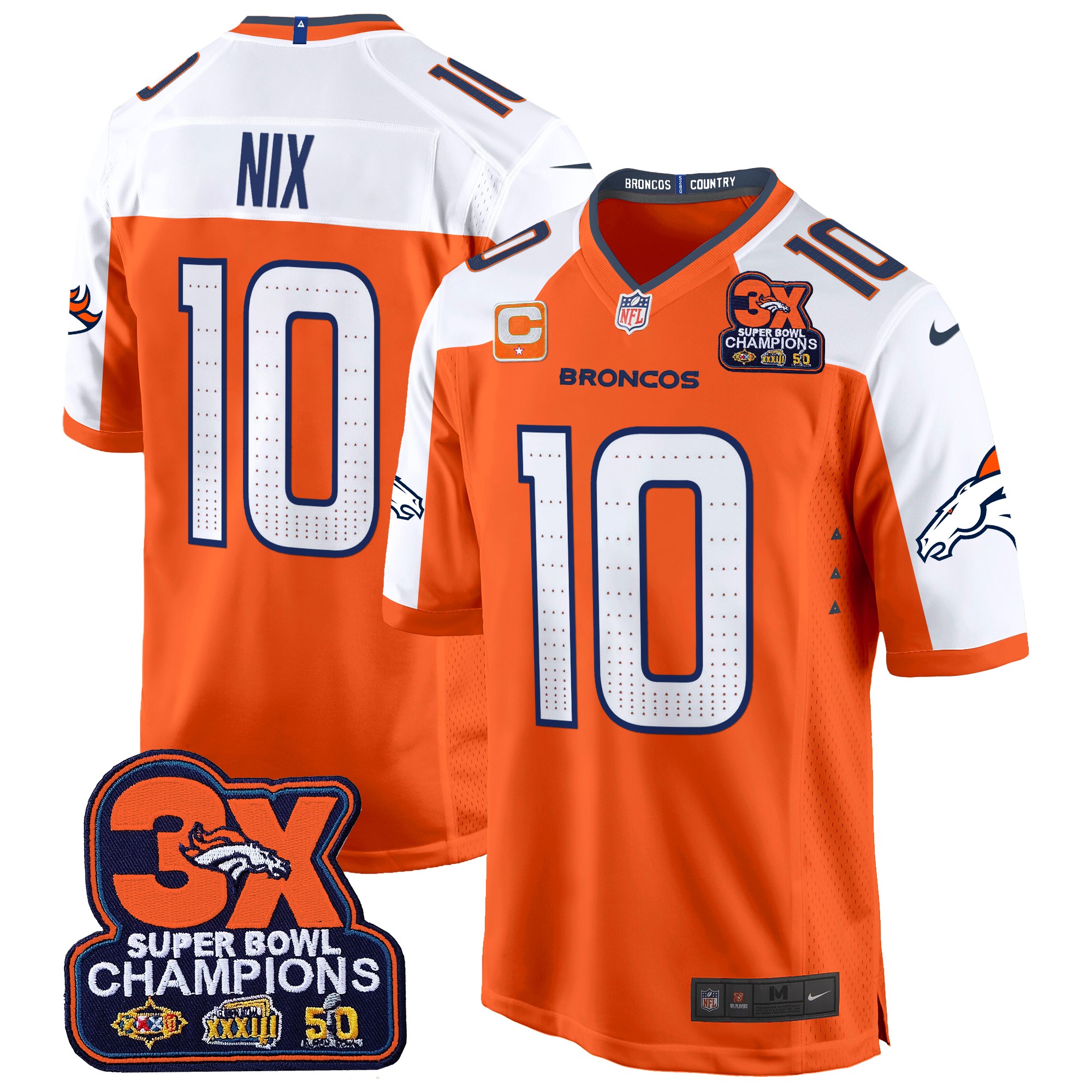 Bo Nix Men's Denver Broncos 3-Time Champions Patch Game Jersey - Al Stitched Orange Alternate Jersey - All Stitched