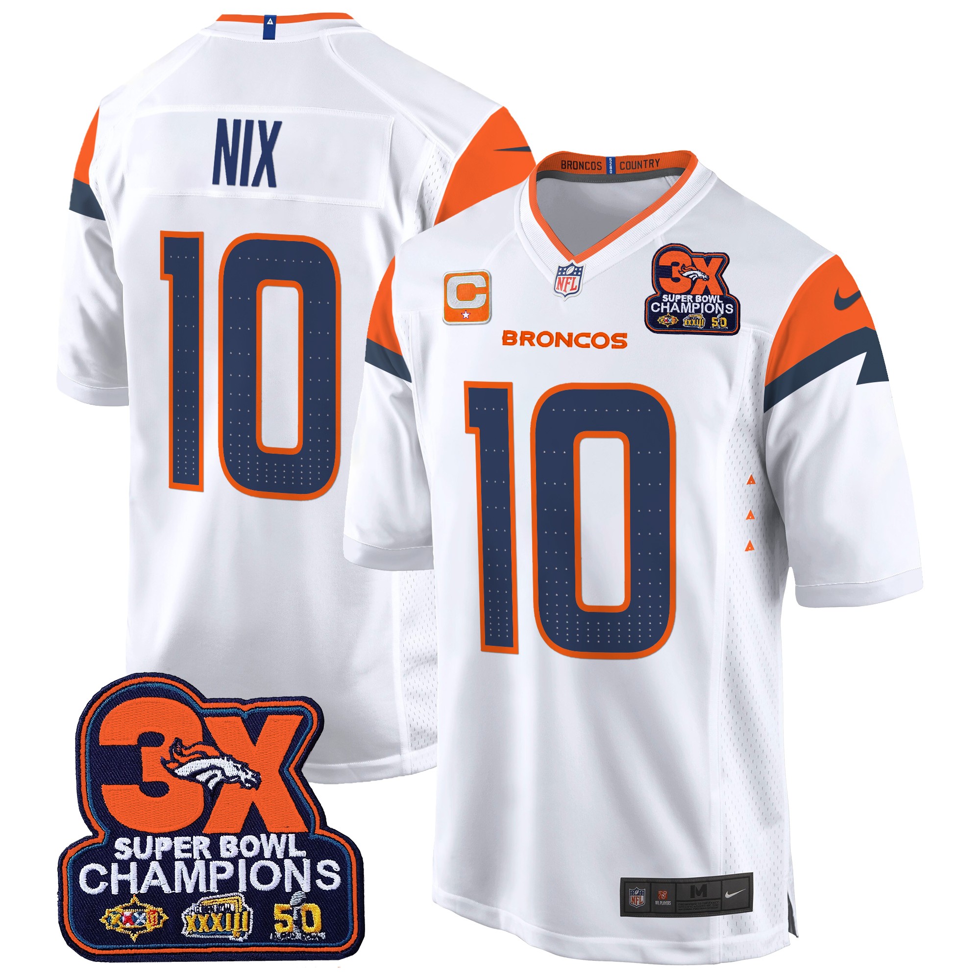Bo Nix Men's Denver Broncos 3-Time Champions Patch Game Jersey - Al Stitched White Jersey - All Stitched