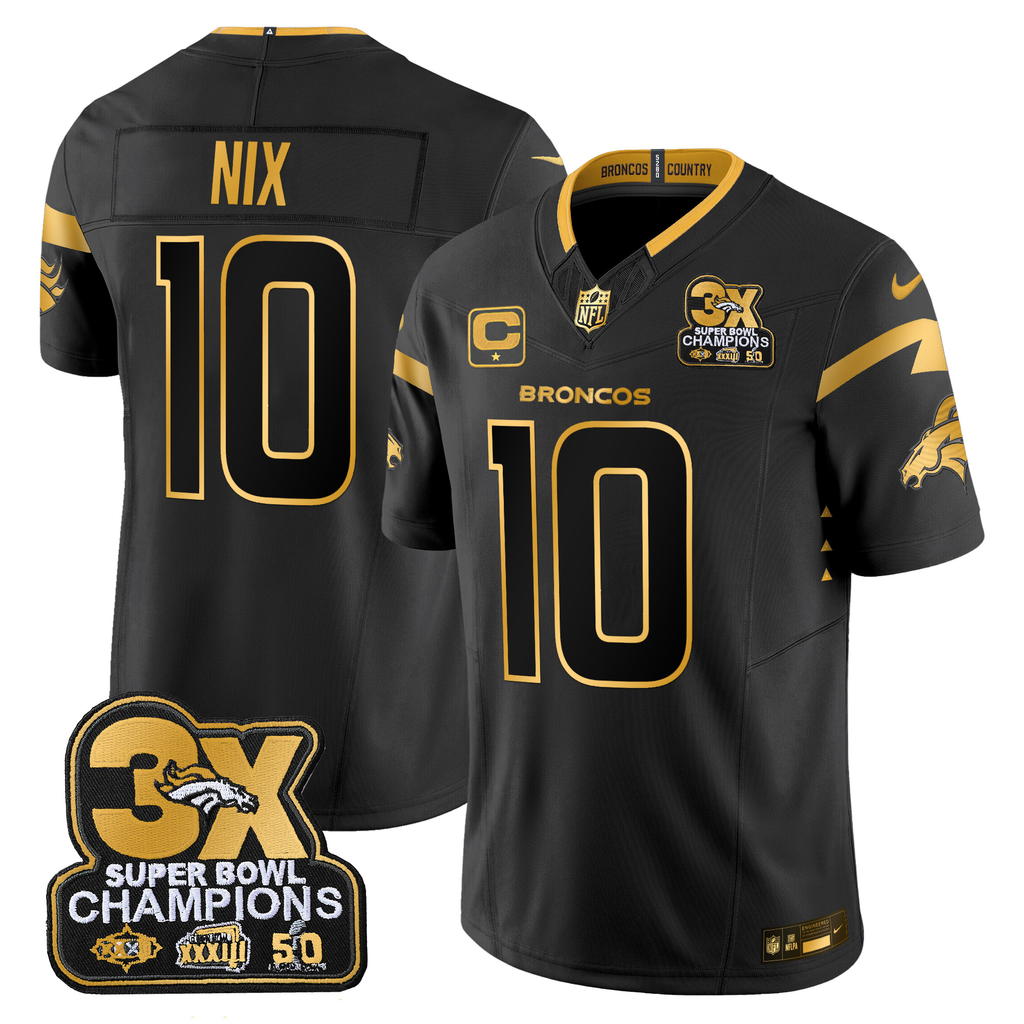 Bo Nix Men's Denver Broncos 3-Time Champions Patch Gold Vapor Limited Black Gold Jersey - All Stitched