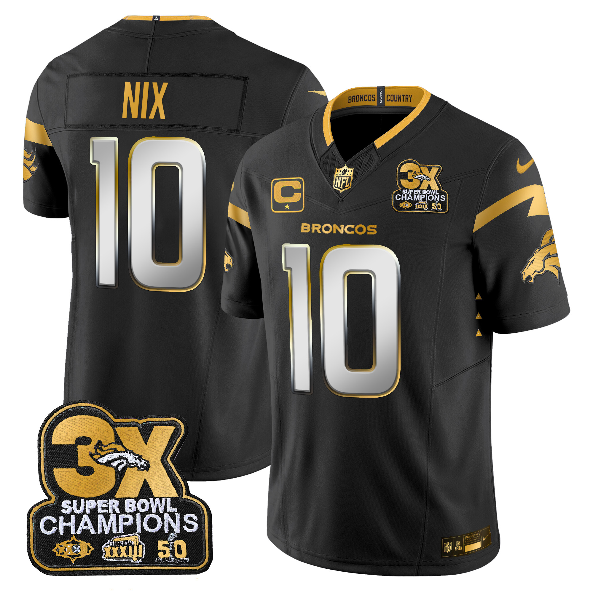 Bo Nix Men's Denver Broncos 3-Time Champions Patch Gold Vapor Limited Black Limited Jersey - All Stitched