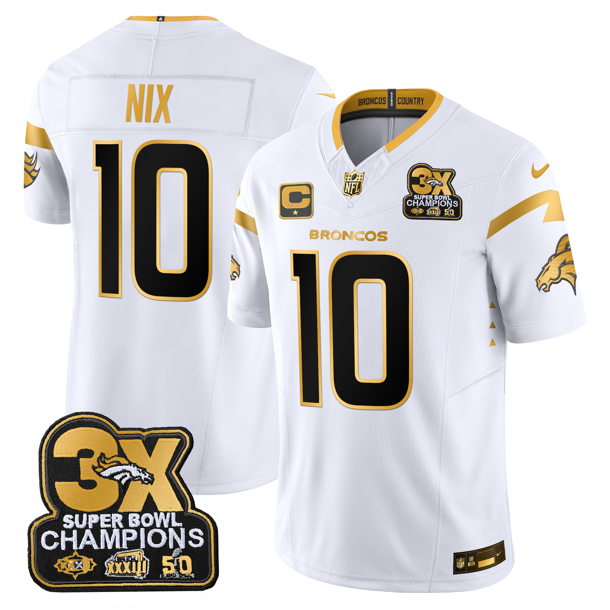 Bo Nix Men's Denver Broncos 3-Time Champions Patch Gold Vapor Limited White Gold Jersey - All Stitched