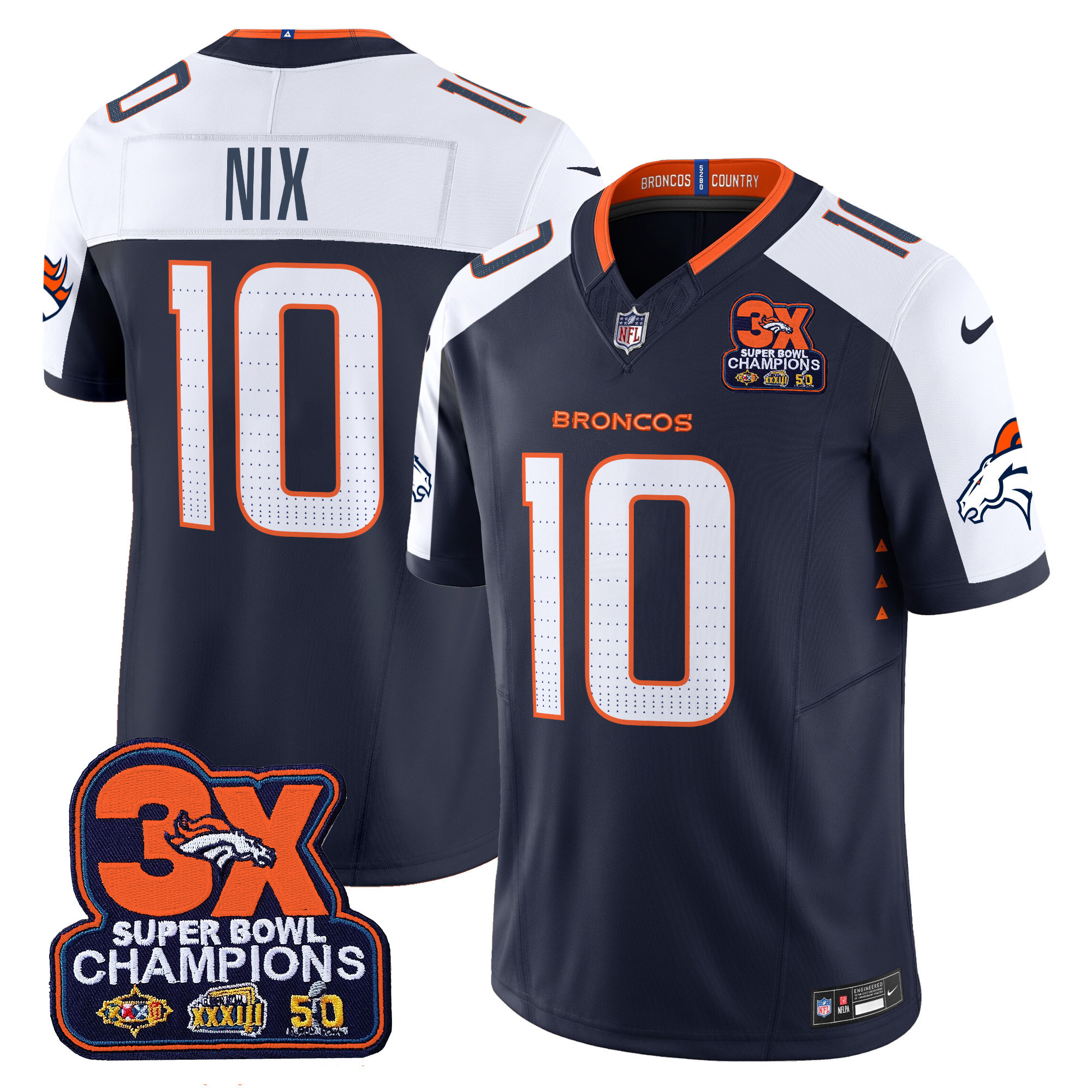Bo Nix Men's Denver Broncos 3-Time Champions Patch Vapor Limited Navy Alternate Jersey - All Stitched