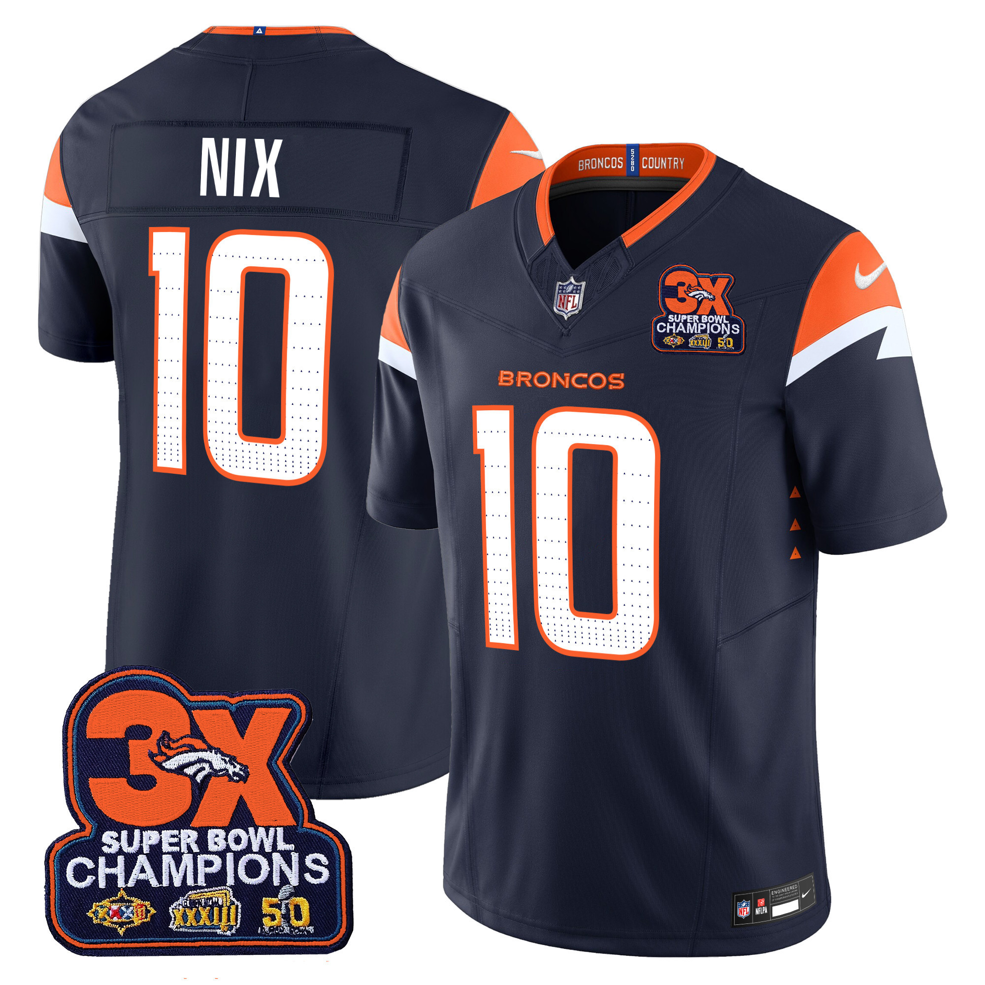 Bo Nix Men's Denver Broncos 3-Time Champions Patch Vapor Limited Navy Jersey - All Stitched