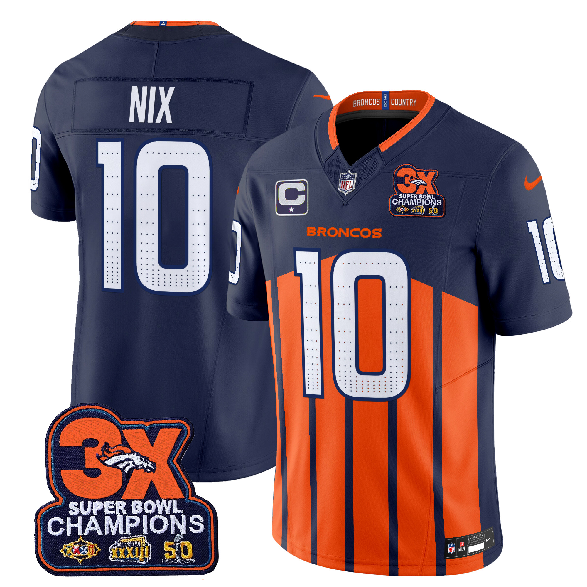 Bo Nix Men's Denver Broncos 3-Time Champions Patch Vapor Limited Navy Special Jersey - All Stitched