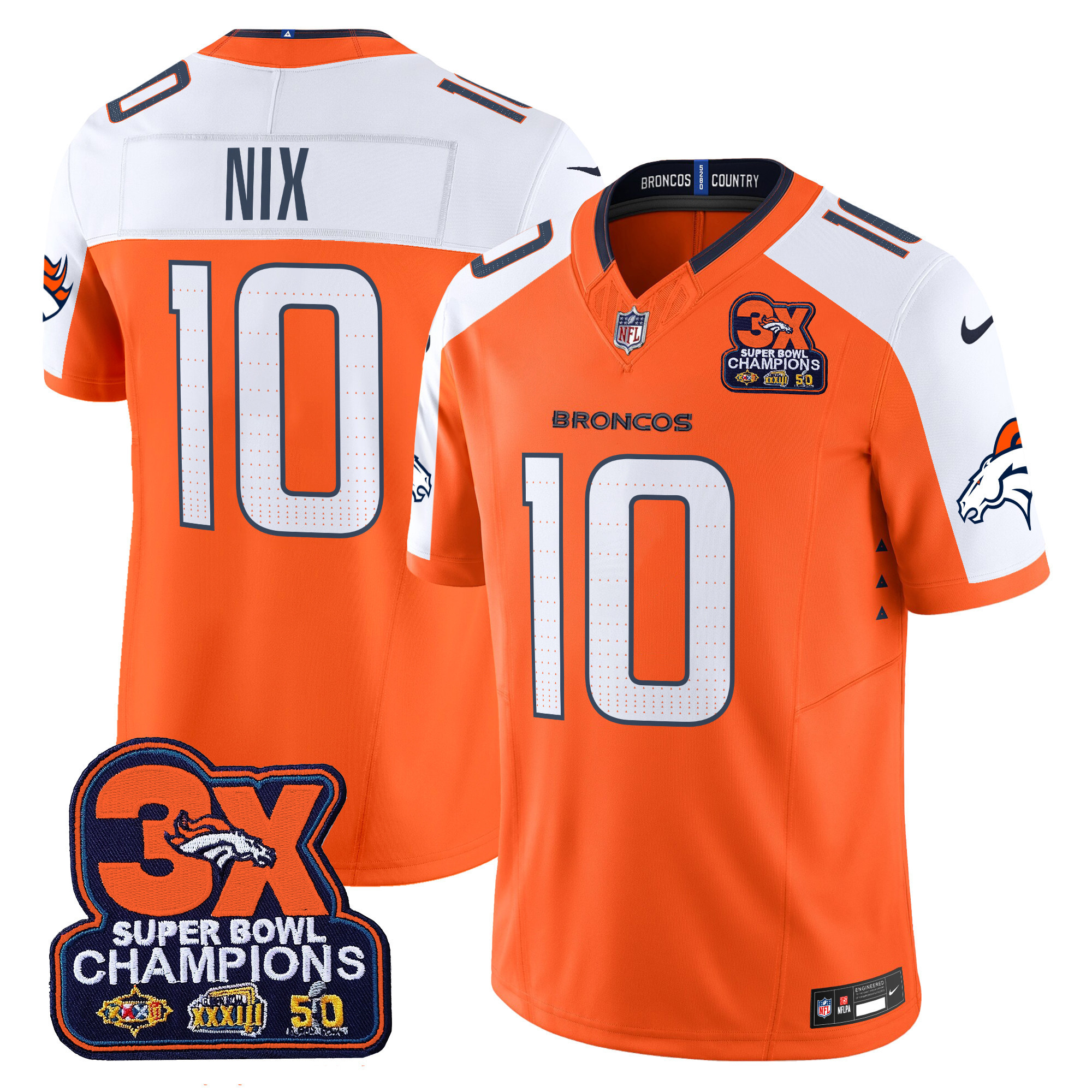 Bo Nix Men's Denver Broncos 3-Time Champions Patch Vapor Limited Orange Alternate Jersey - All Stitched