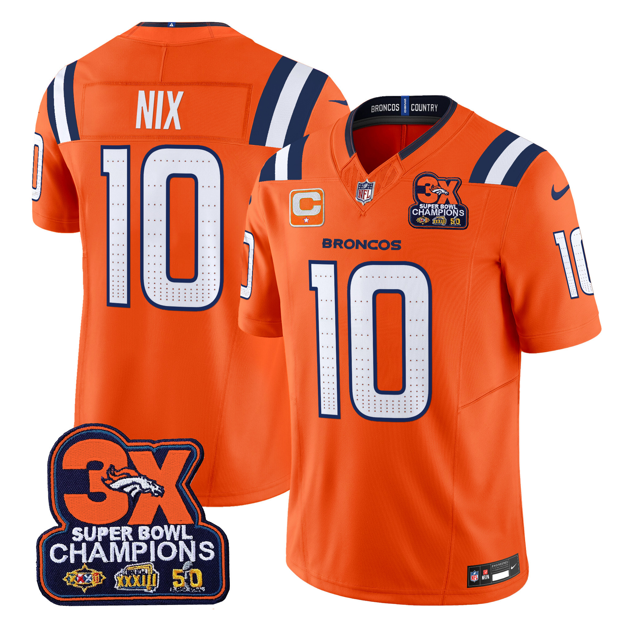 Bo Nix Men's Denver Broncos 3-Time Champions Patch Vapor Limited Orange Jersey - All Stitched