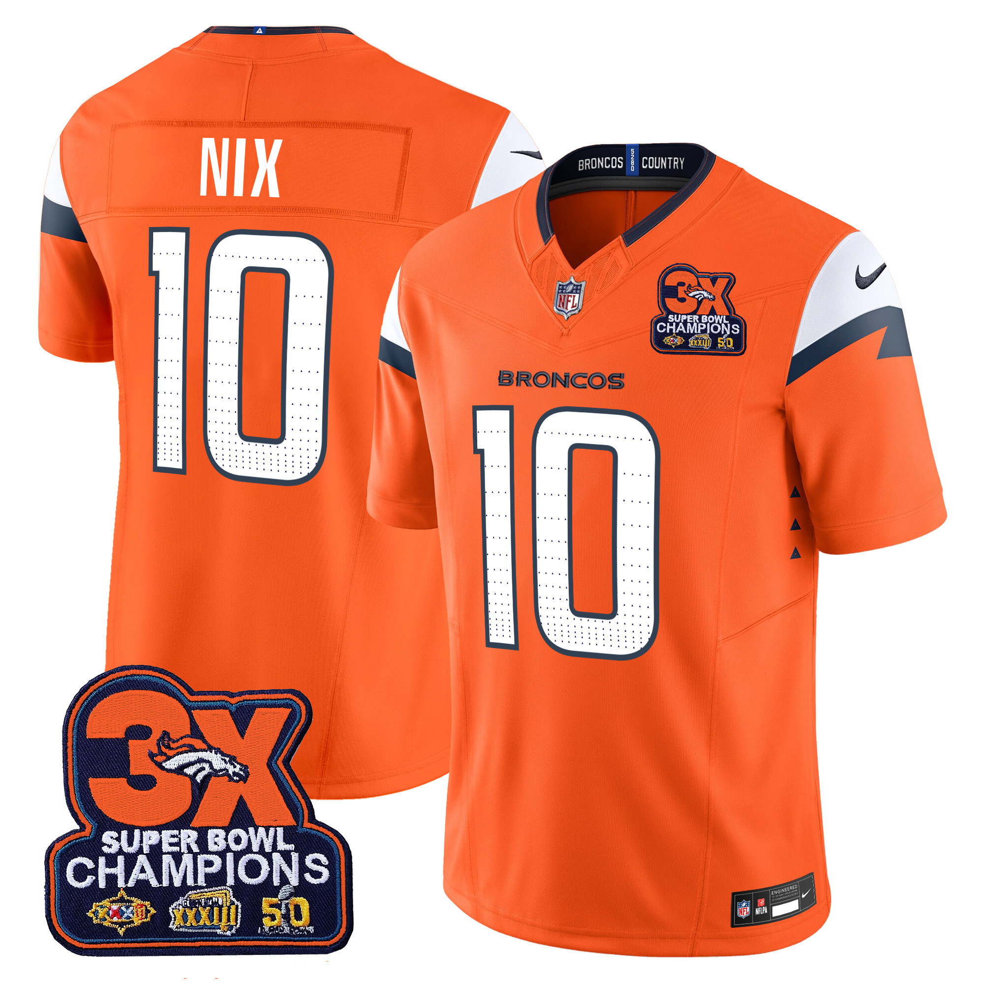 Bo Nix Men's Denver Broncos 3-Time Champions Patch Vapor Limited Orange Jersey - All Stitched