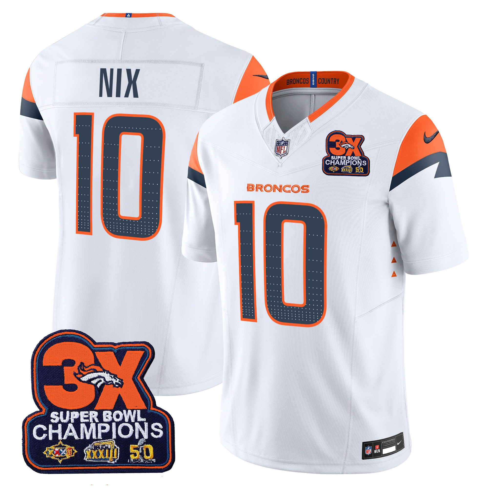 Bo Nix Men's Denver Broncos 3-Time Champions Patch Vapor Limited White Jersey - All Stitched