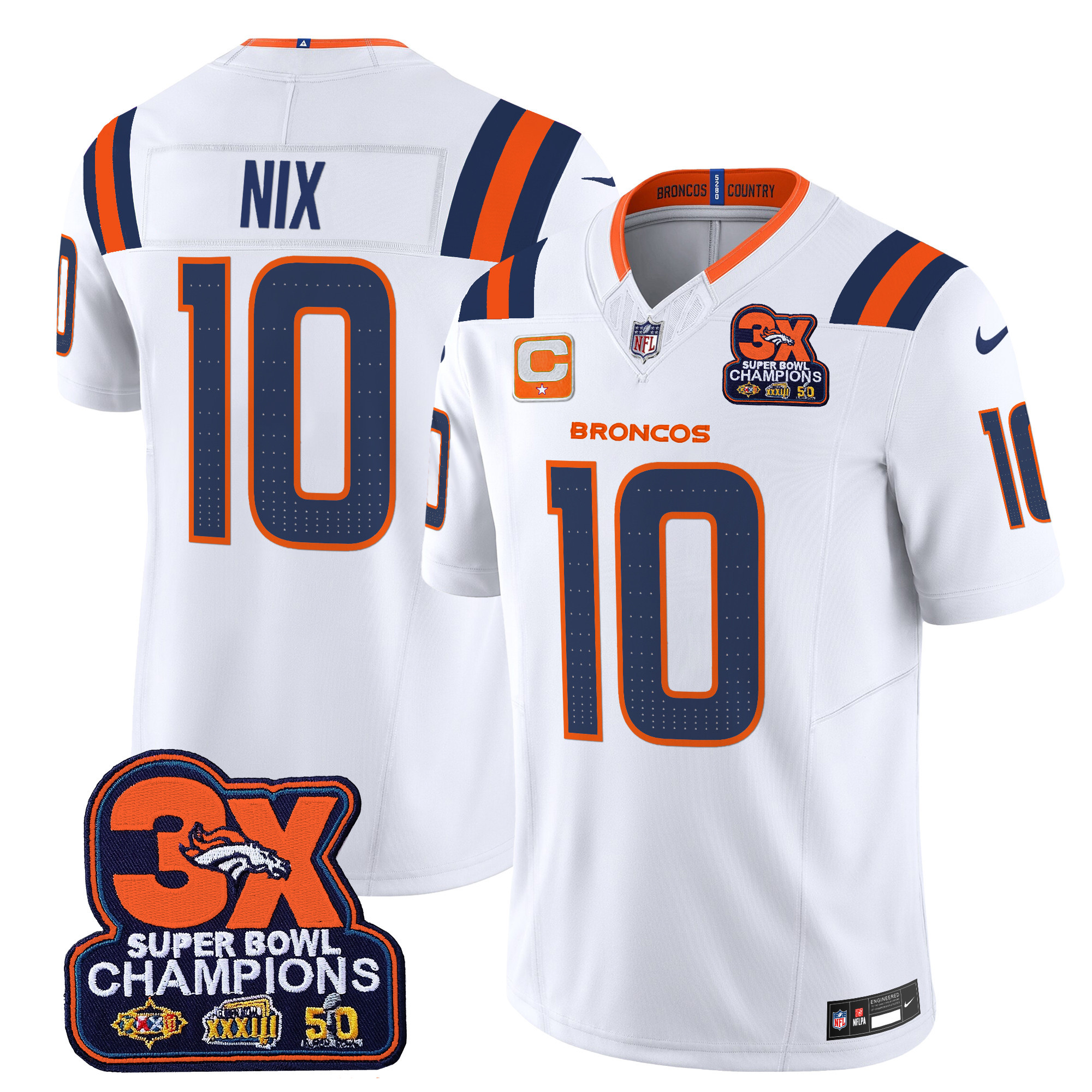 Bo Nix Men's Denver Broncos 3-Time Champions Patch Vapor Limited White Jersey - All Stitched