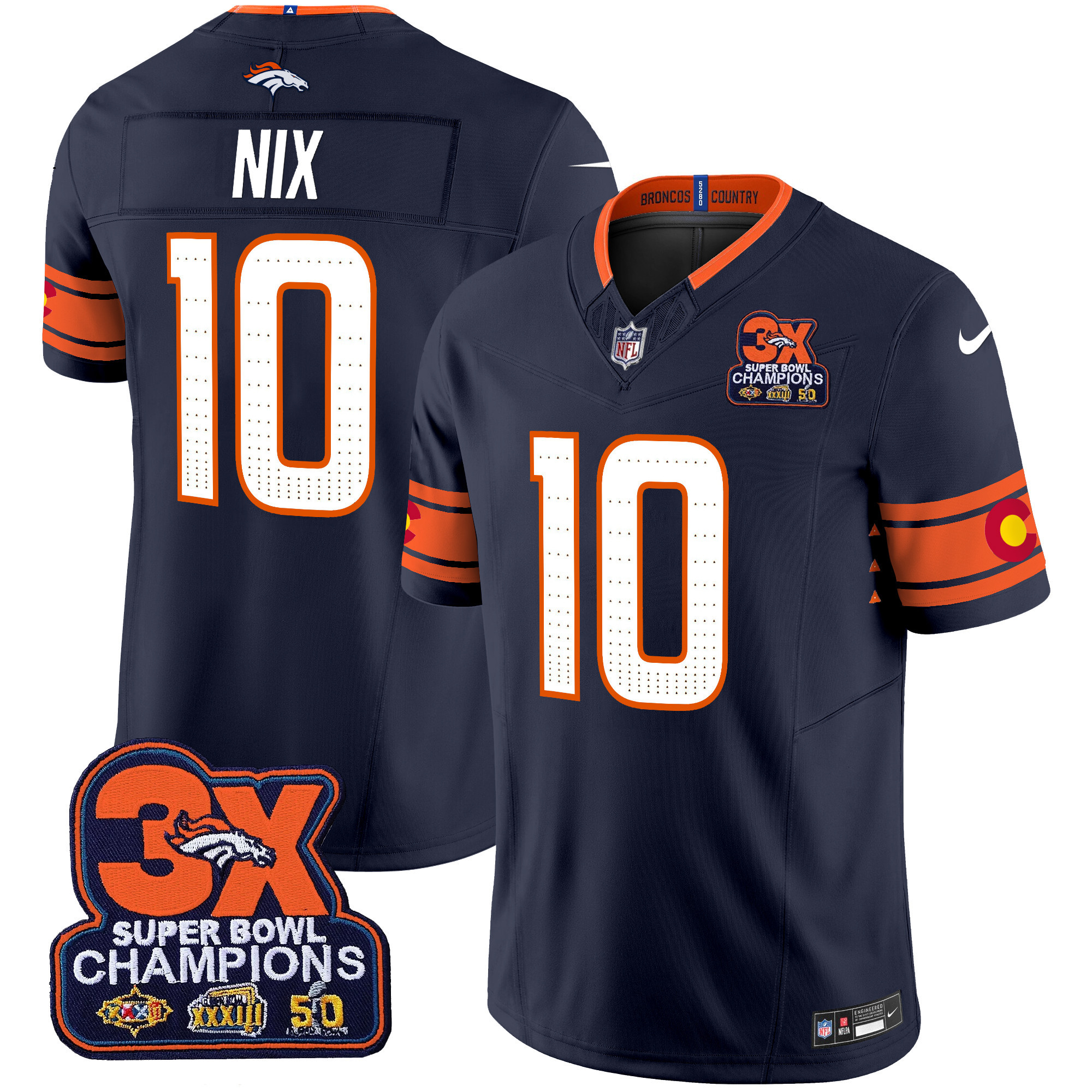 Bo Nix Men's Denver Broncos 3x Patch "Colorado Flag" Vapor Limited Navy Jersey - All Stitched
