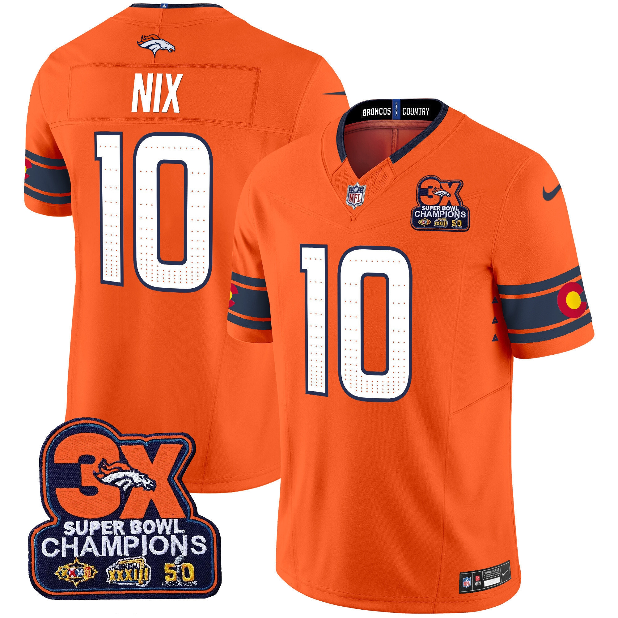 Bo Nix Men's Denver Broncos 3x Patch "Colorado Flag" Vapor Limited Orange Jersey - All Stitched