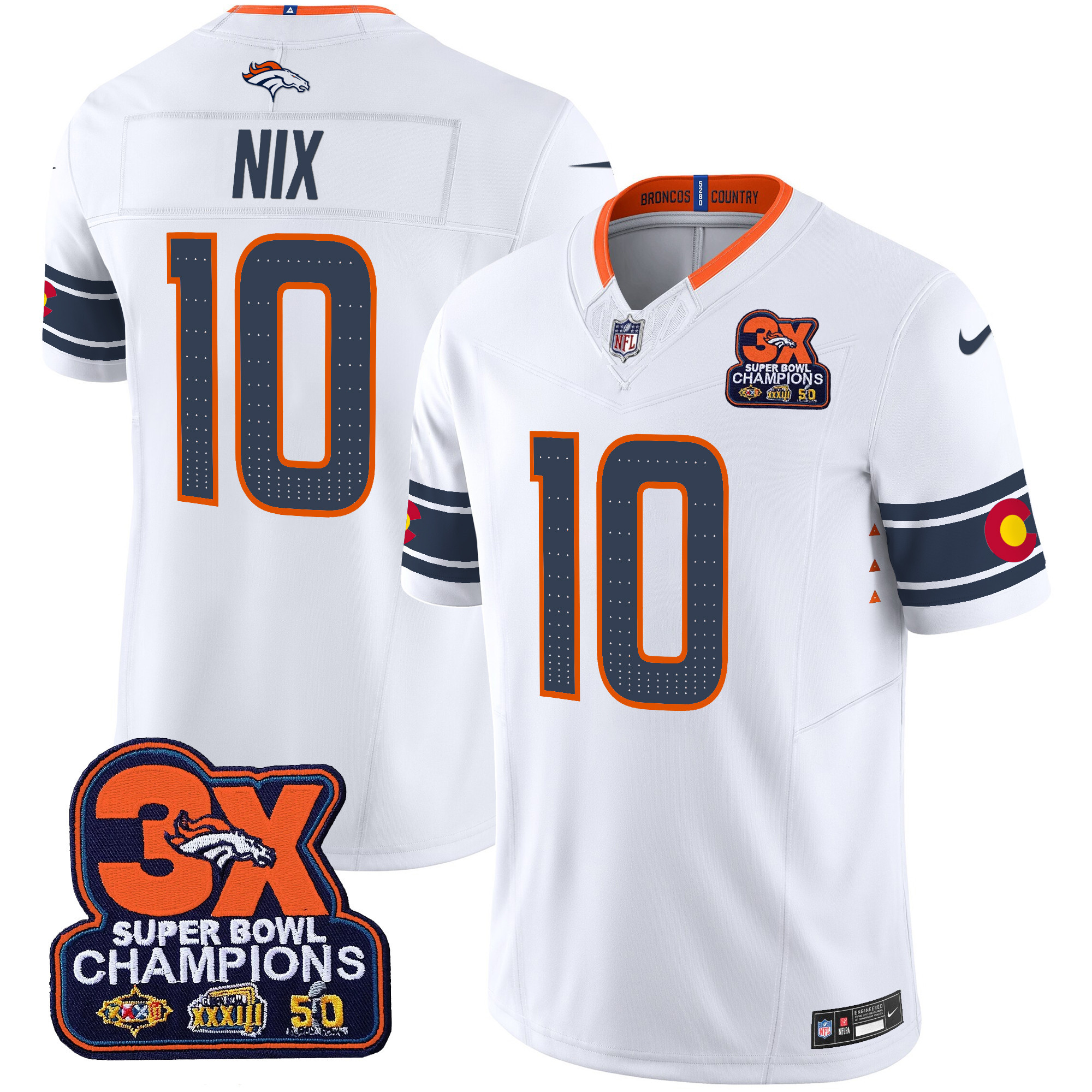 Bo Nix Men's Denver Broncos 3x Patch "Colorado Flag" Vapor Limited White Jersey - All Stitched