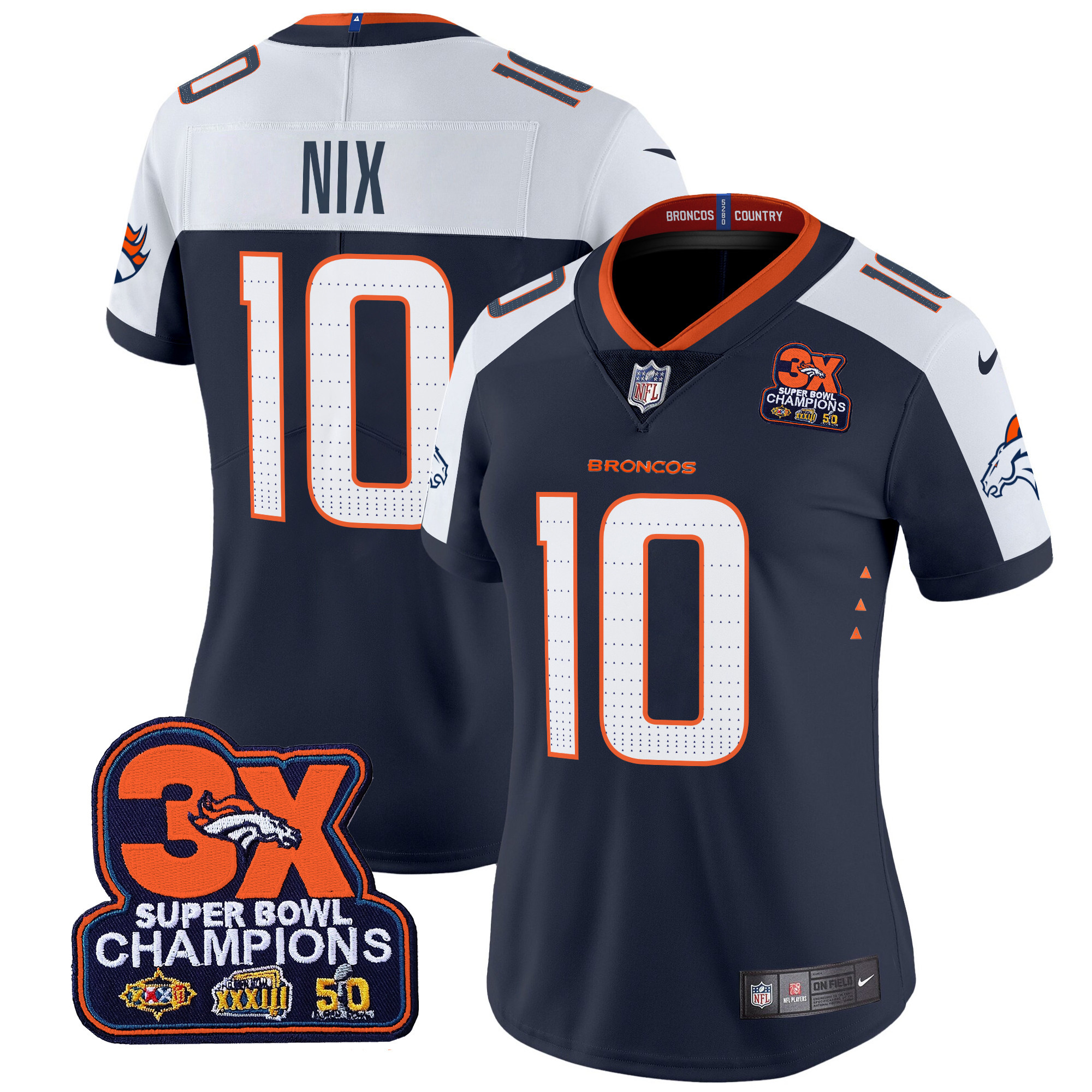 Bo Nix Women's Denver Broncos 3-Time Champions Patch Vapor Limited Navy Alternate Jersey - All Stitched