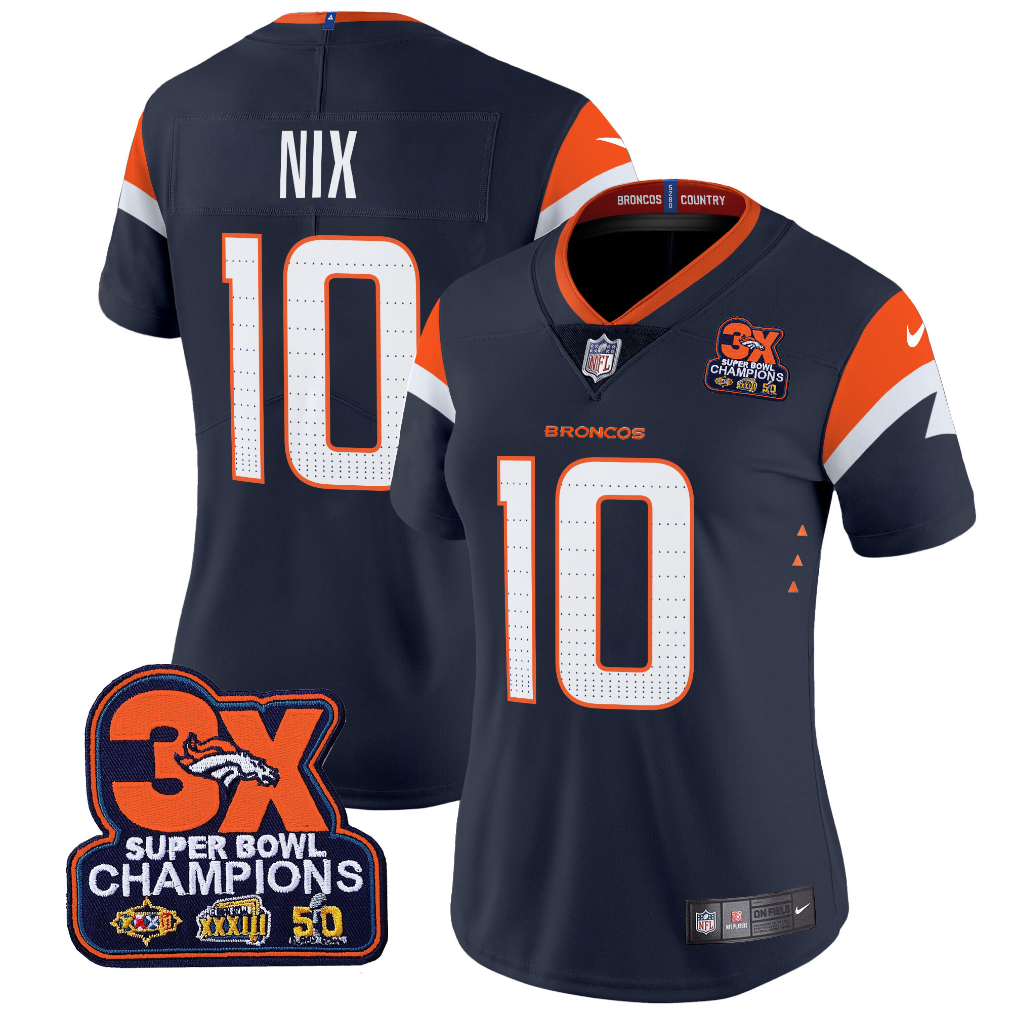 Bo Nix Women's Denver Broncos 3-Time Champions Patch Vapor Limited Navy Jersey - All Stitched