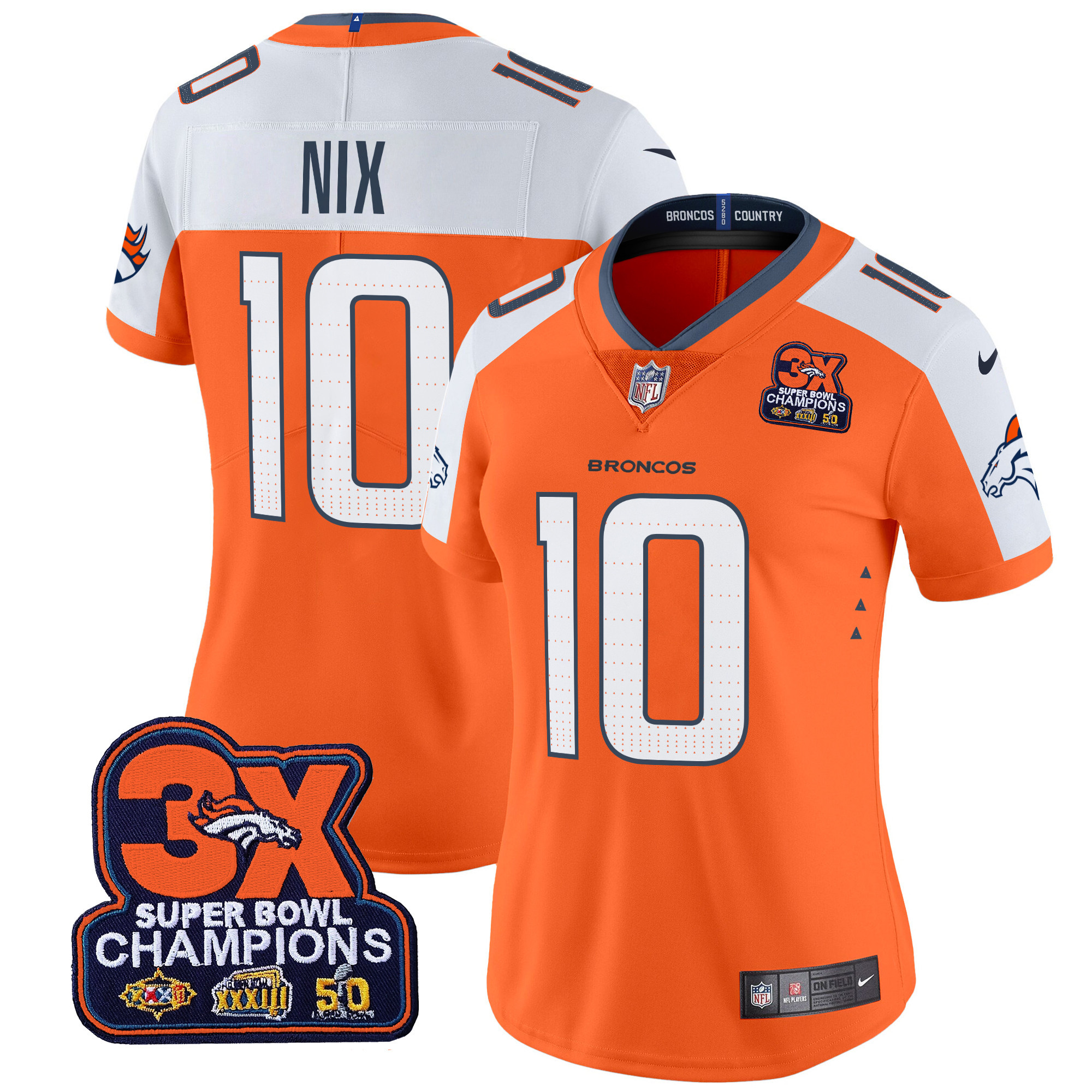Bo Nix Women's Denver Broncos 3-Time Champions Patch Vapor Limited Orange Alternate Jersey - All Stitched