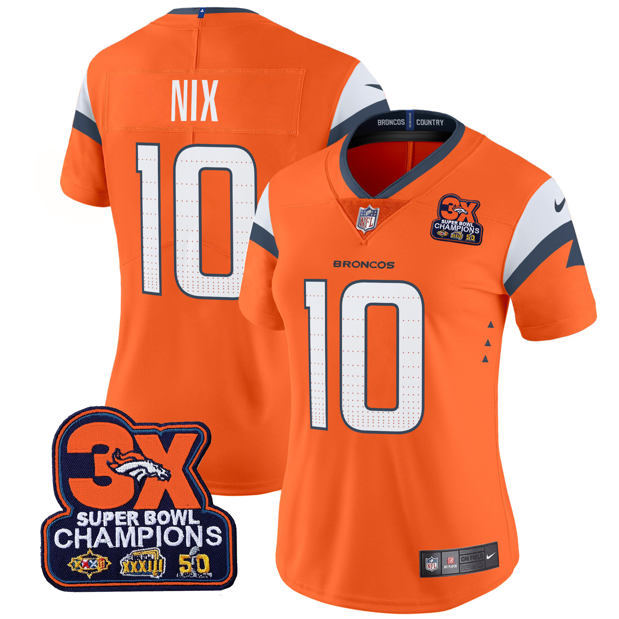 Bo Nix Women's Denver Broncos 3-Time Champions Patch Vapor Limited Orange Jersey - All Stitched