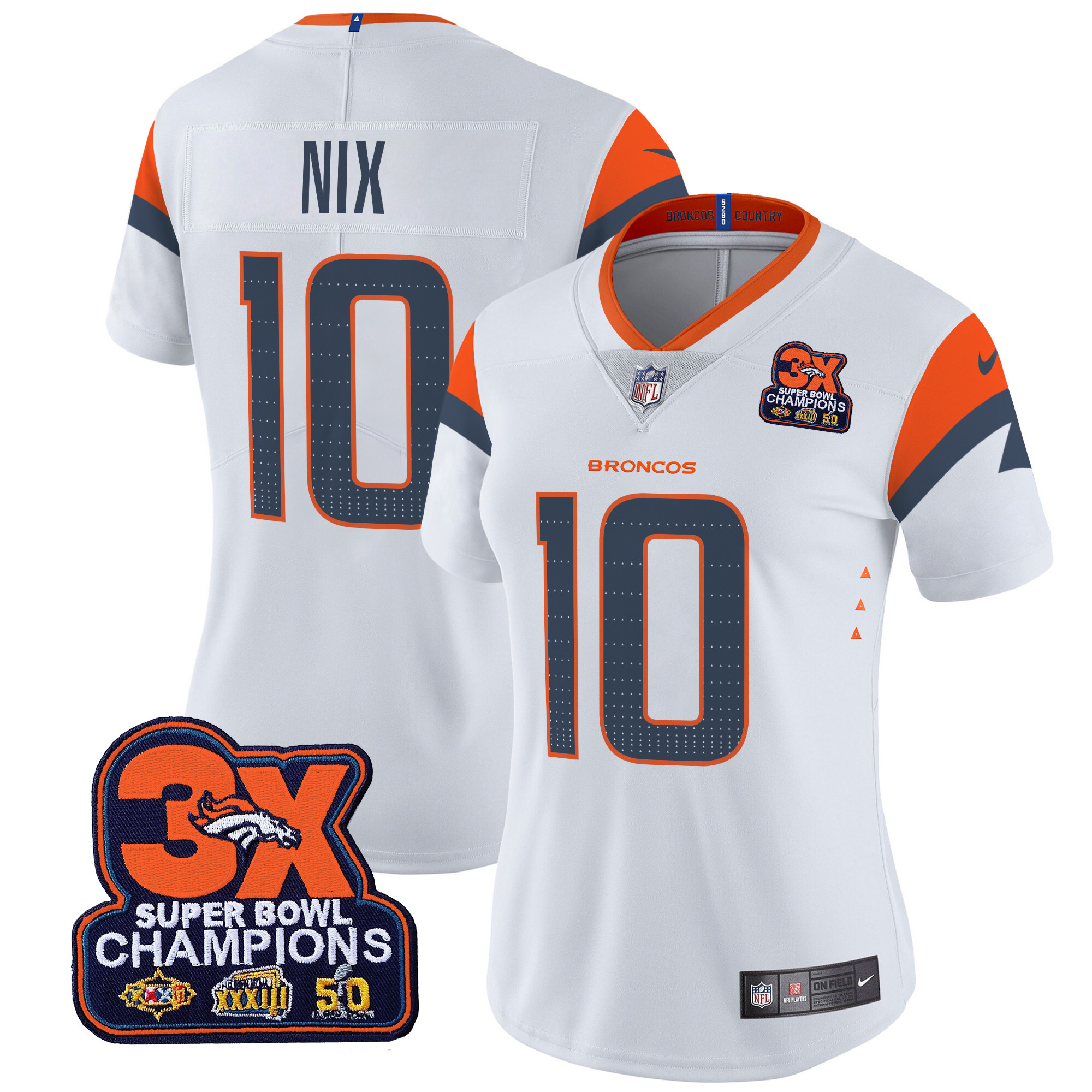 Bo Nix Women's Denver Broncos 3-Time Champions Patch Vapor Limited White Jersey - All Stitched