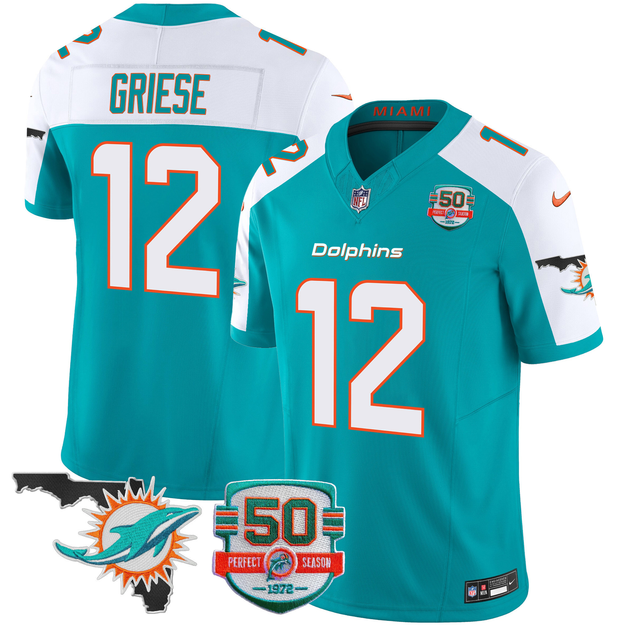 Bob Griese Men's Miami Dolphins 50th Perfect Season & Florida Patch Vapor Aqua Alternate Jersey - All Stitched
