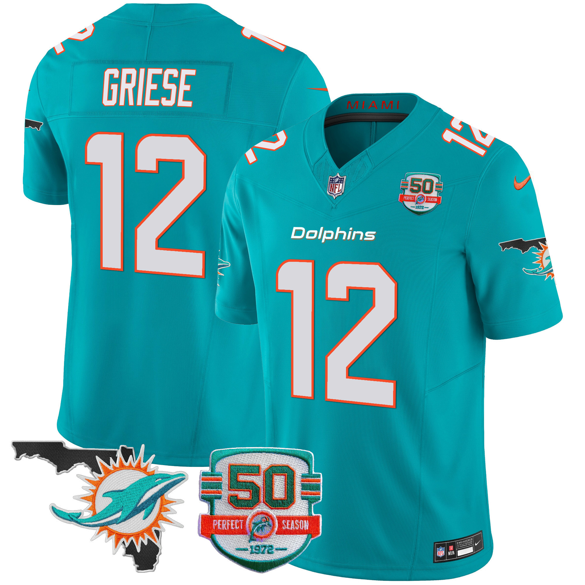 Bob Griese Men's Miami Dolphins 50th Perfect Season & Florida Patch Vapor Aqua Jersey - All Stitched