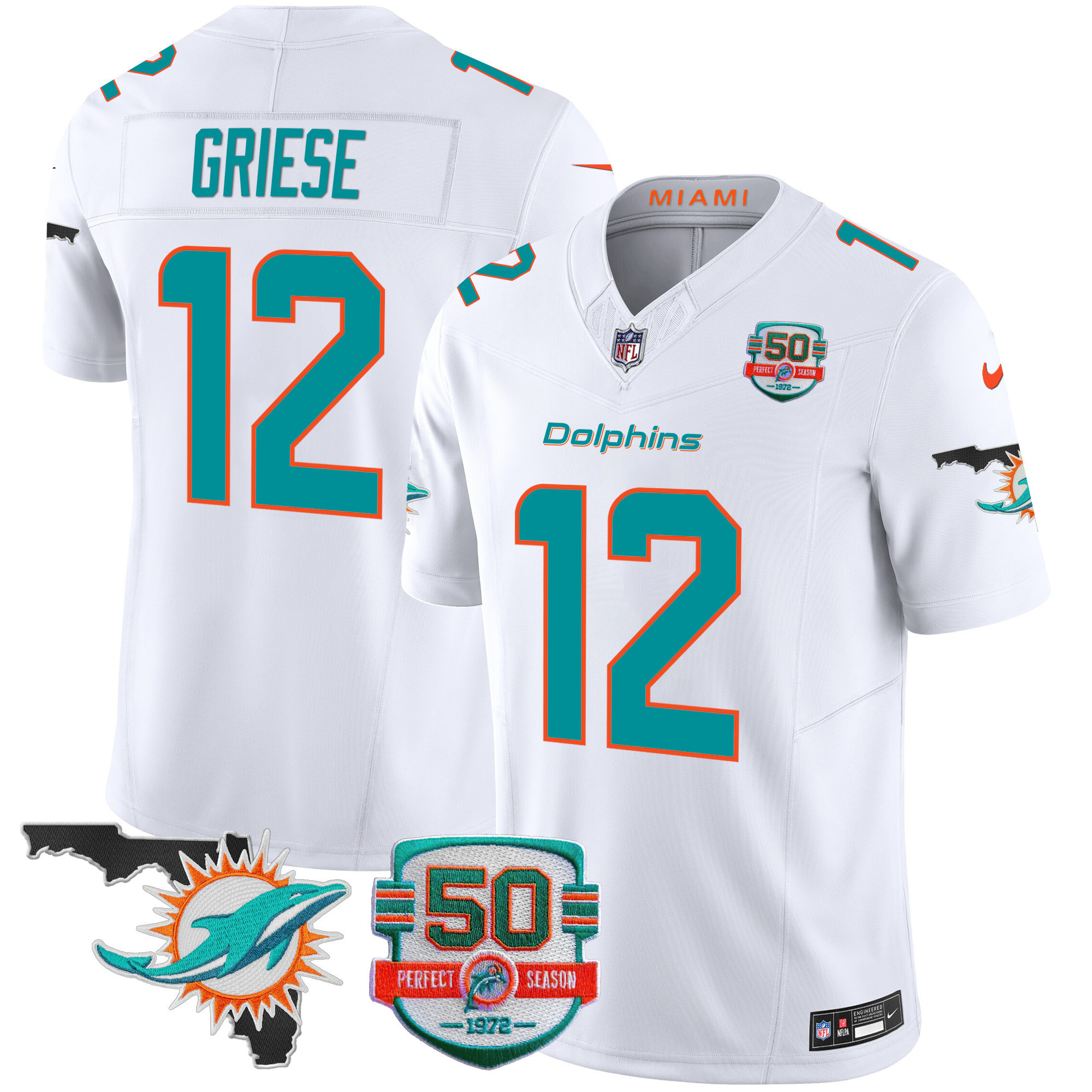 Bob Griese Men's Miami Dolphins 50th Perfect Season & Florida Patch Vapor White Jersey - All Stitched