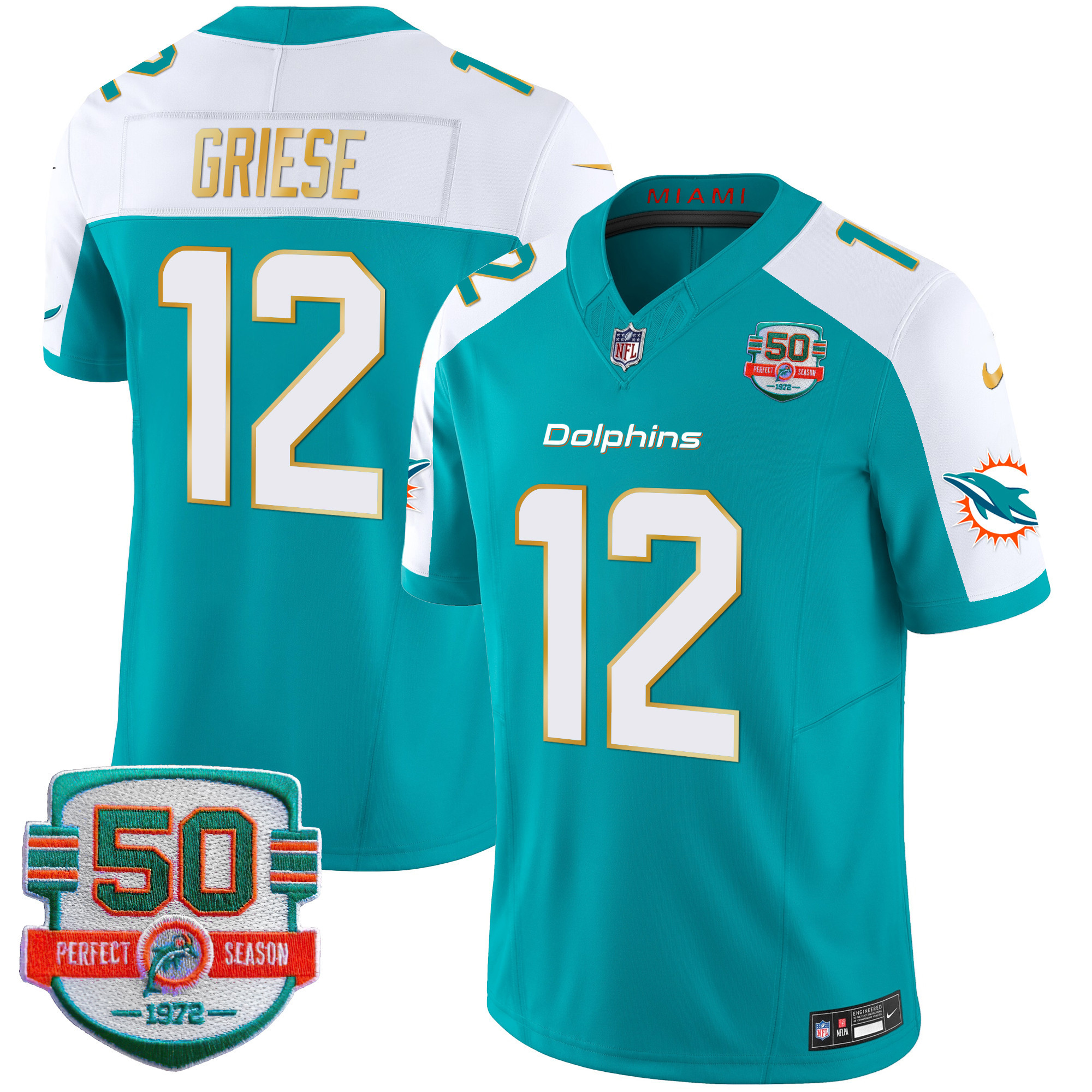 Bob Griese Men's Miami Dolphins Gold Trim Vapor Limited Aqua Alternate Jersey - All Stitched