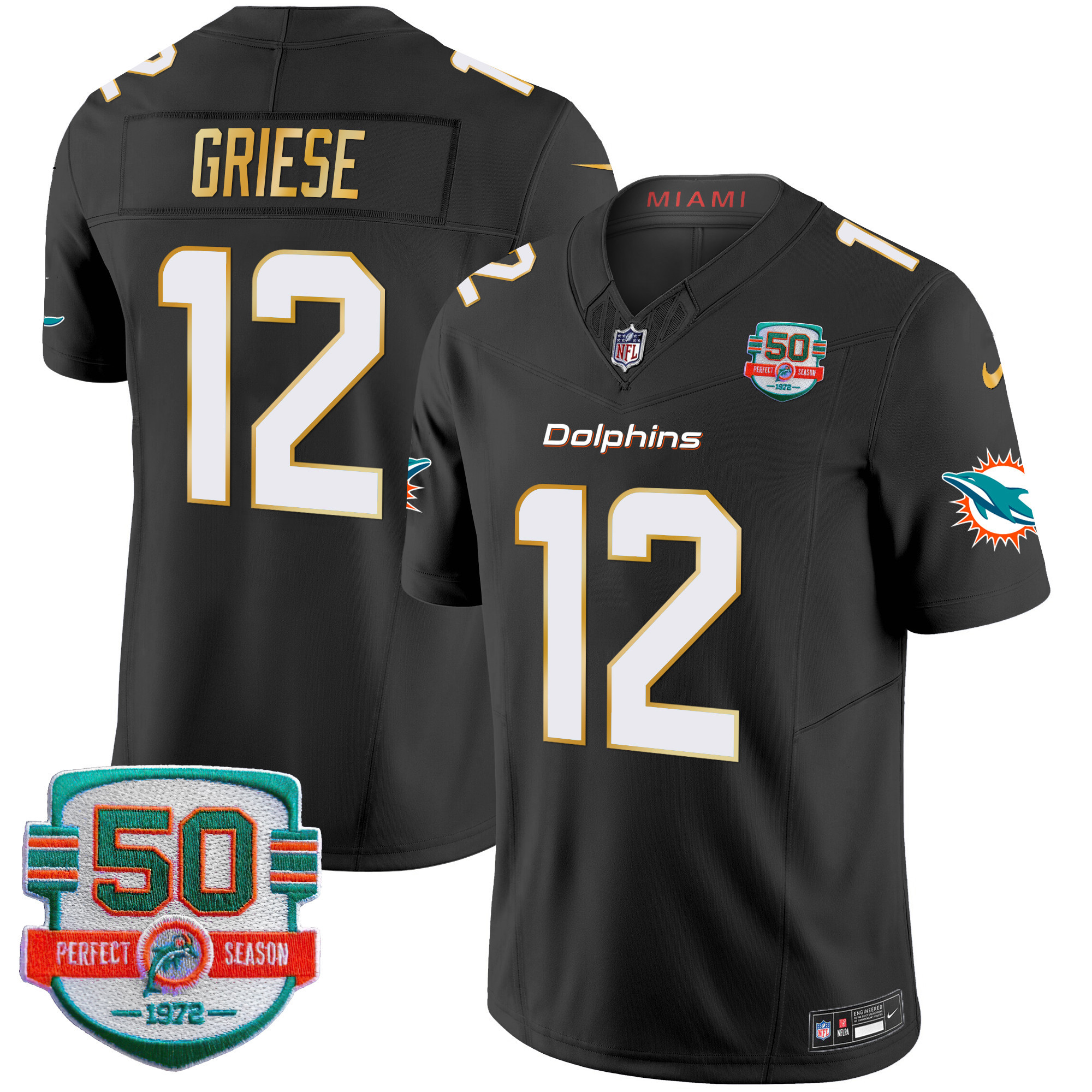 Bob Griese Men's Miami Dolphins Gold Trim Vapor Limited Black Jersey - All Stitched